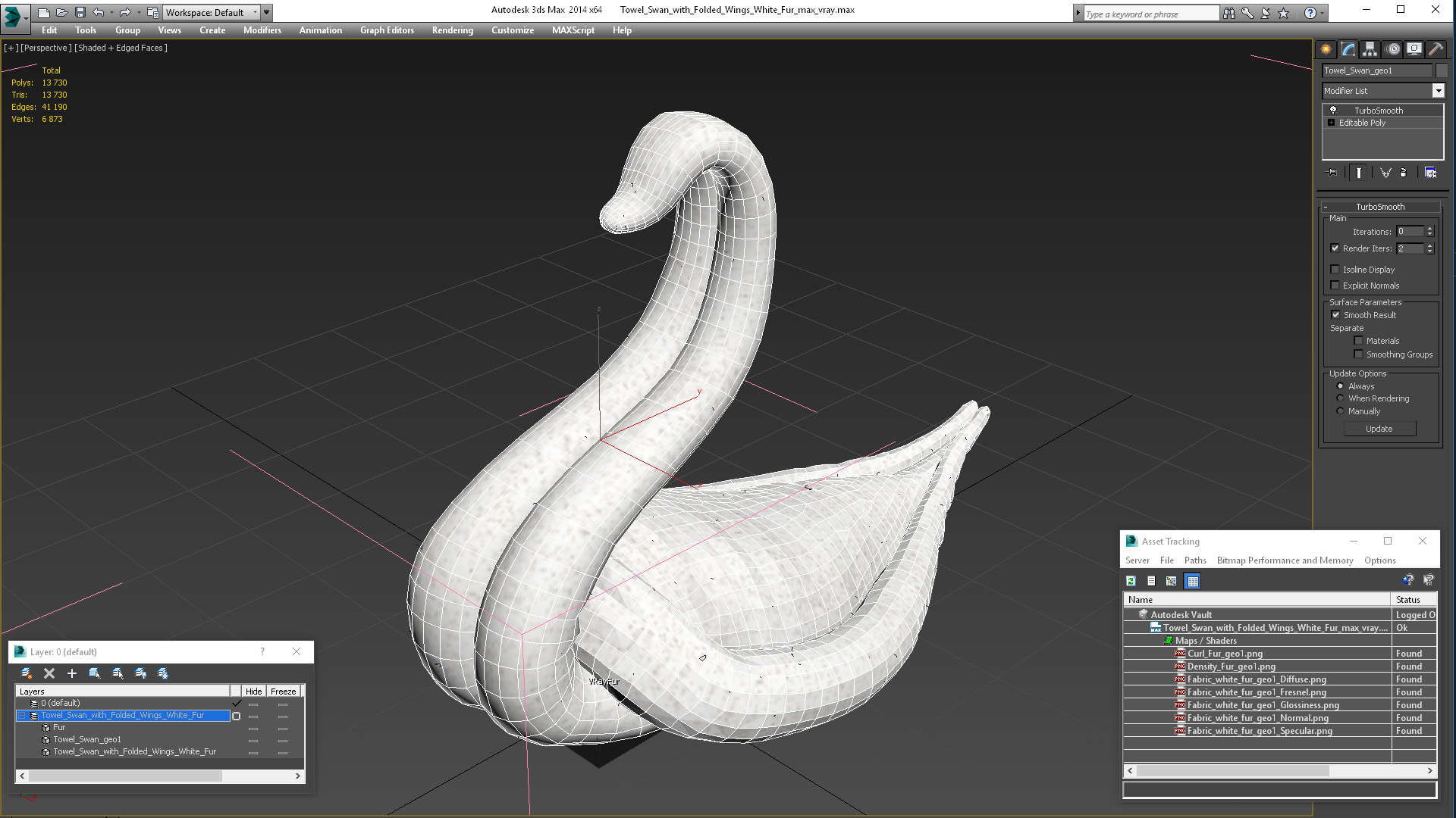 3D Towel Swan with Folded Wings White Fur model