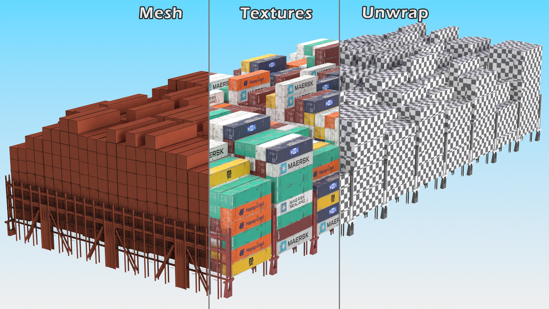 Colorful Maersk Cargo Shipping Containers Stacked 3D model