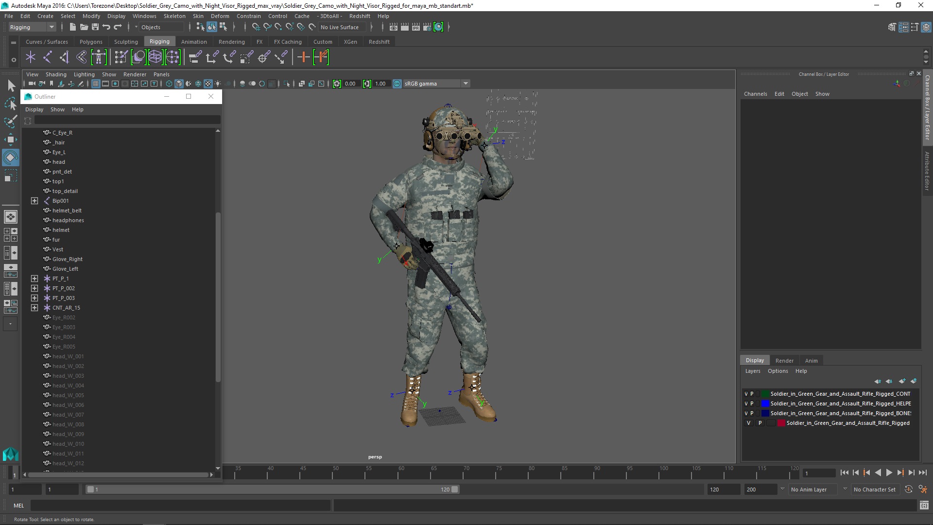 3D model Soldier Grey Camo with Night Visor Rigged for Maya