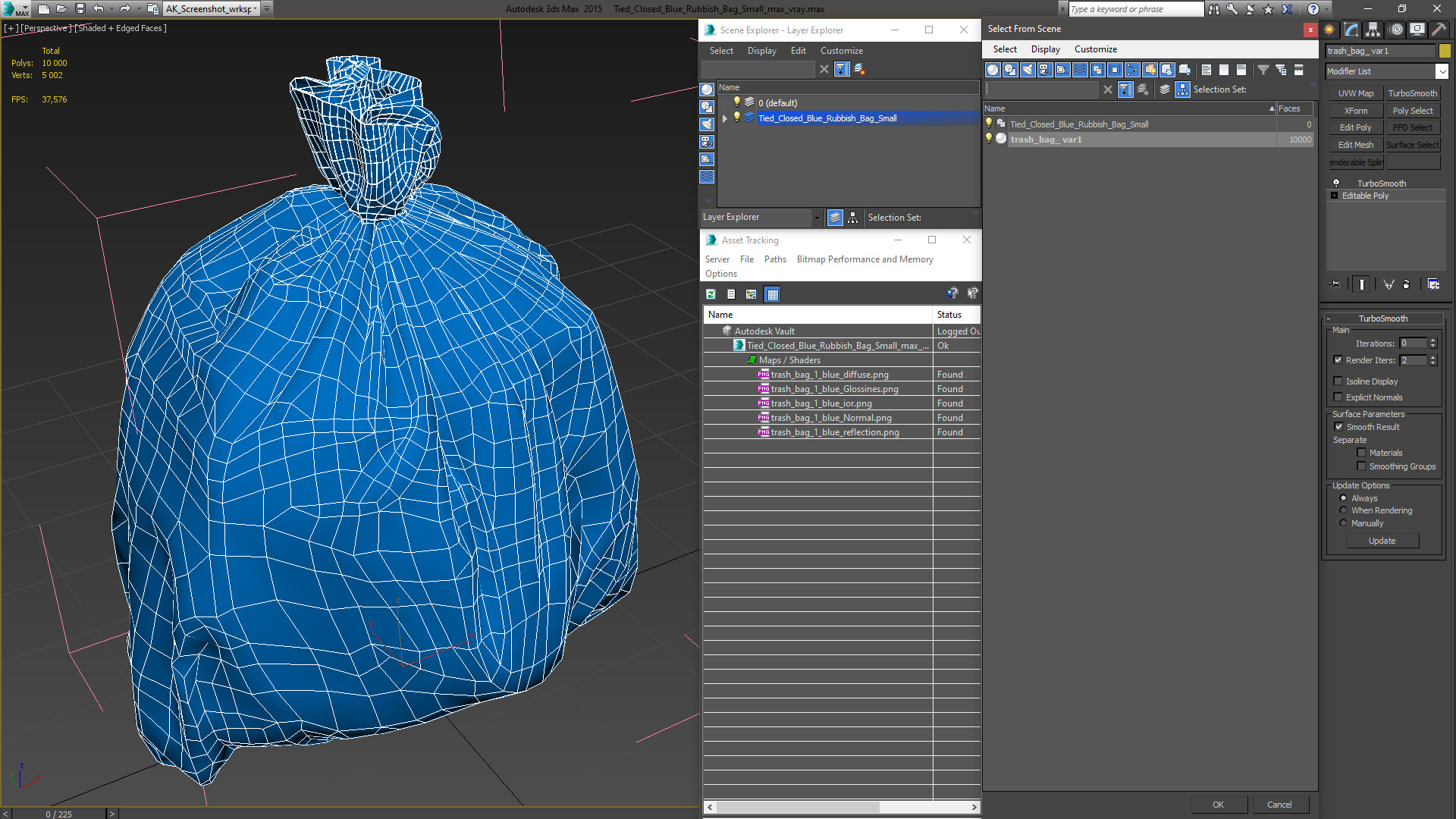 Tied Closed Blue Rubbish Bag Small 3D model