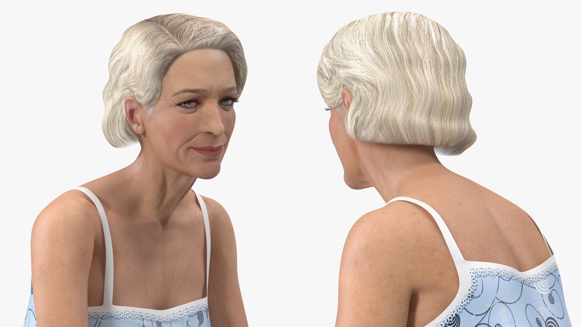 3D Elderly Woman in Sleepwear Siting Pose model