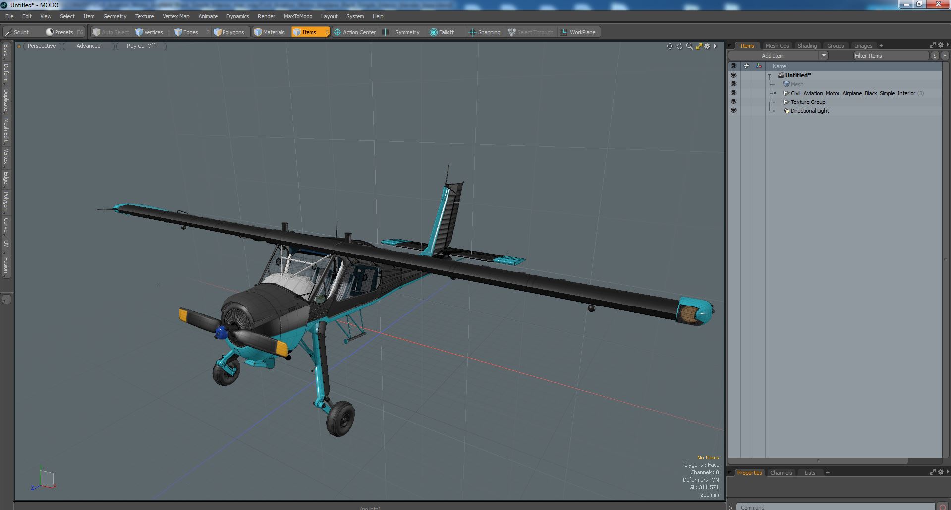 3D Civil Aviation Motor Airplane Black Simple Interior