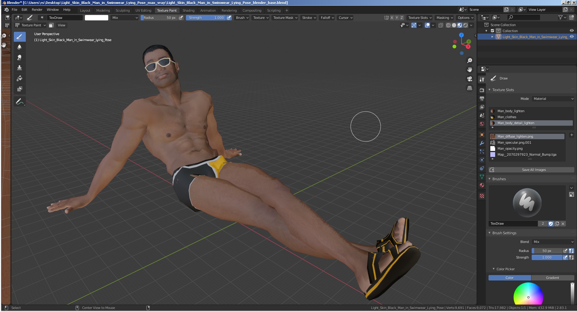 3D Light Skin Black Man in Swimwear Lying Pose model