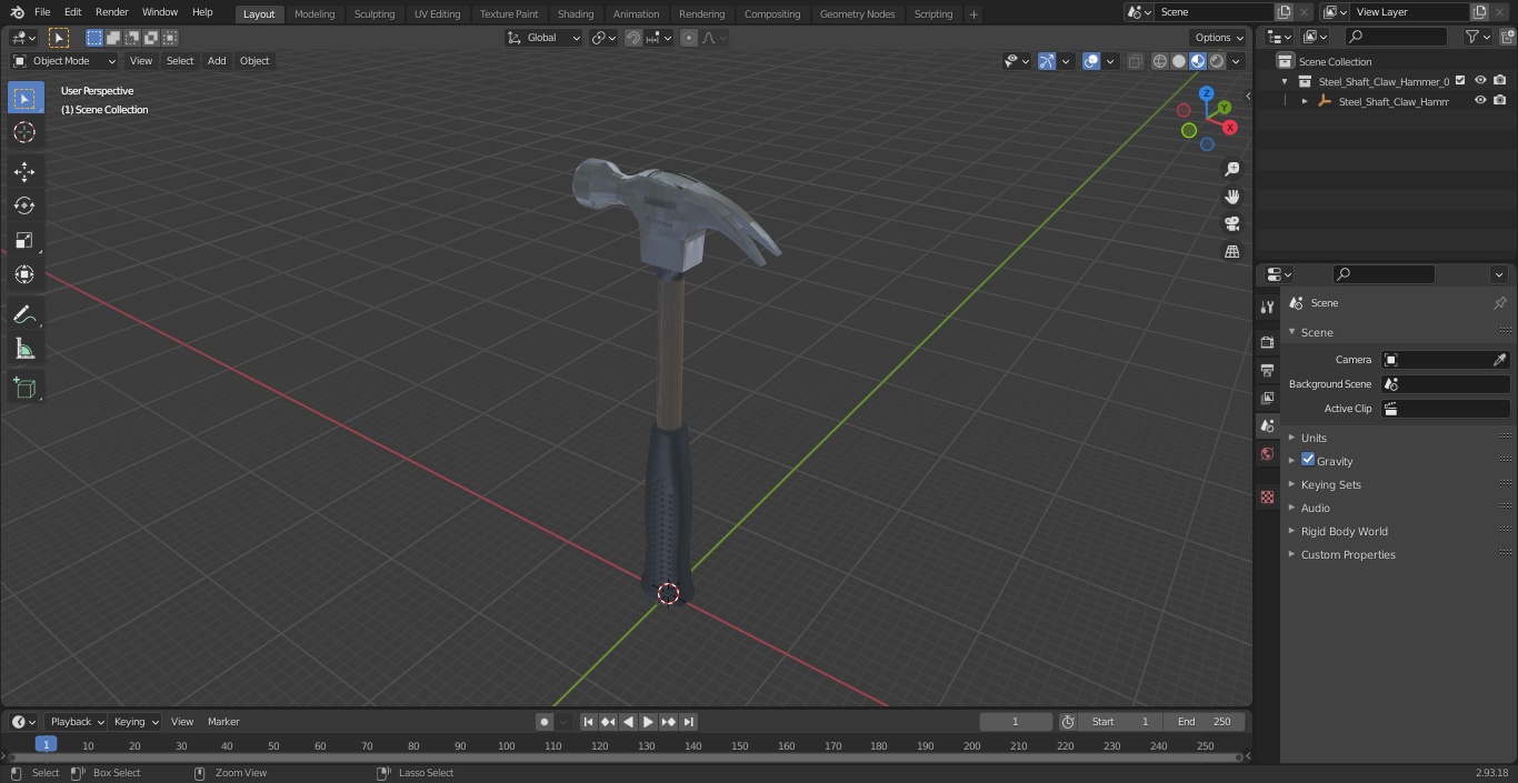 3D Steel Shaft Claw Hammer model