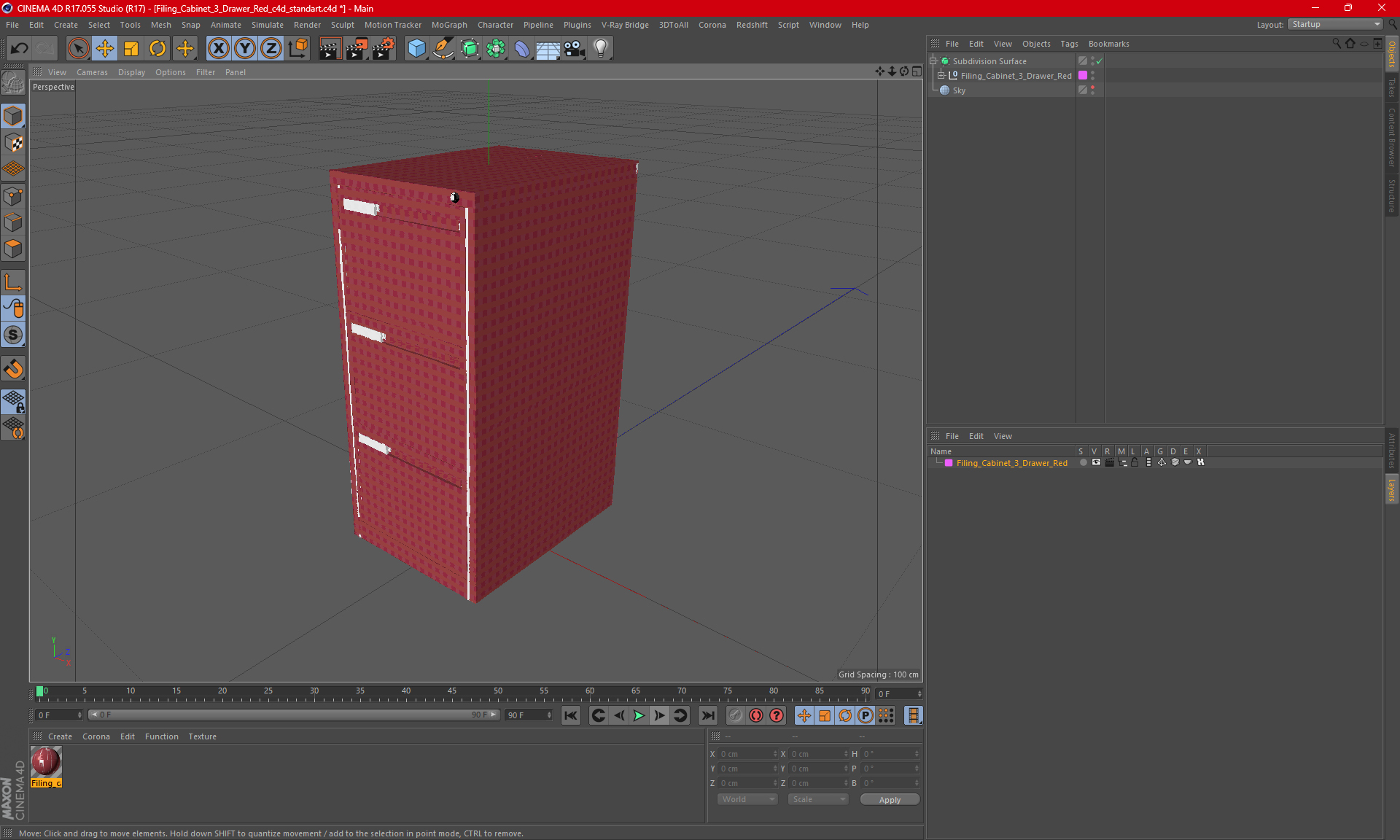 Filing Cabinet 3 Drawer Red 3D