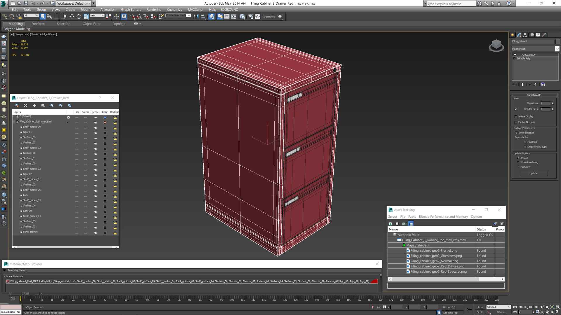 Filing Cabinet 3 Drawer Red 3D