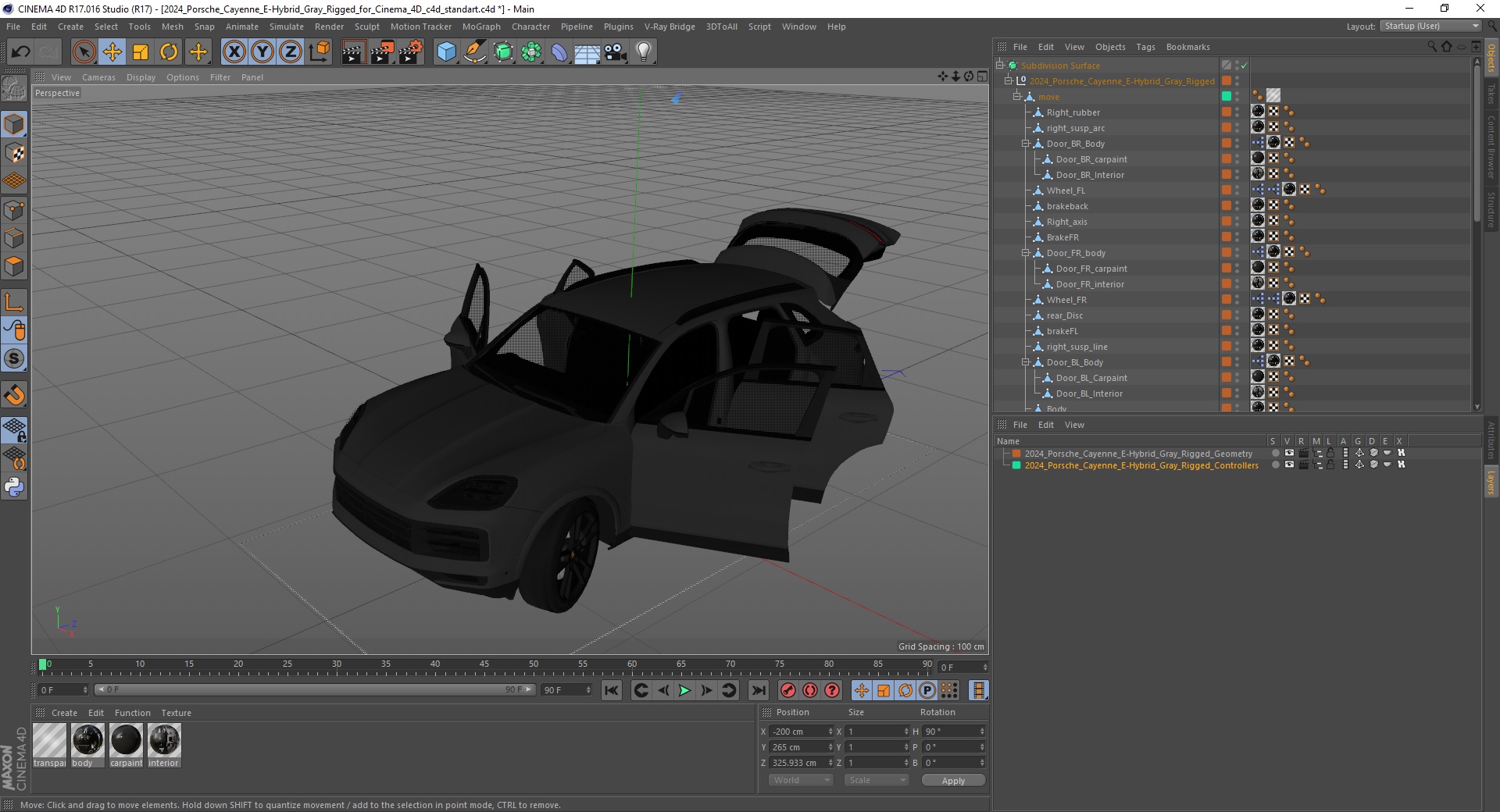 3D model 2024 Porsche Cayenne E-Hybrid Gray Rigged for Cinema 4D