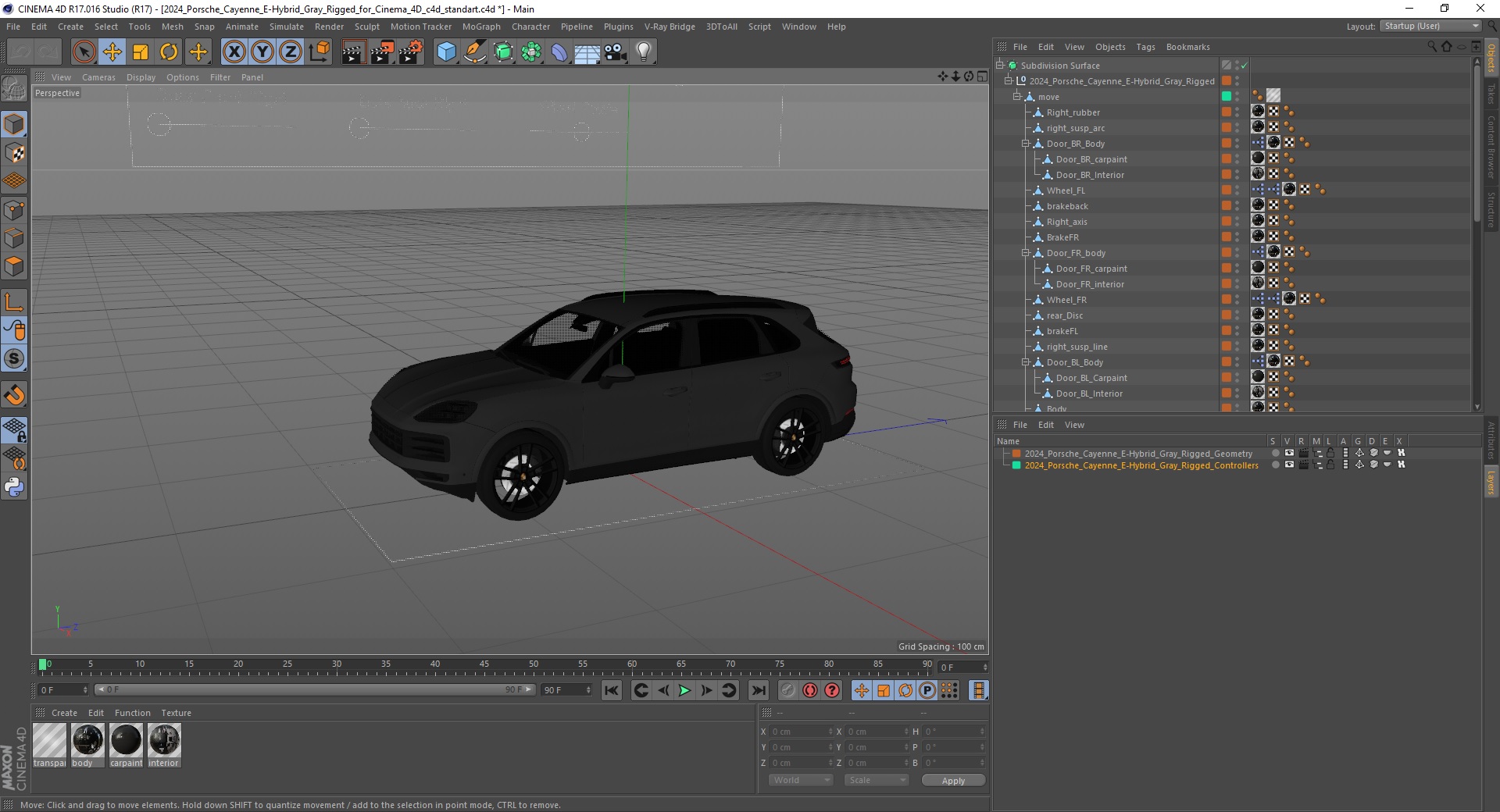 3D model 2024 Porsche Cayenne E-Hybrid Gray Rigged for Cinema 4D
