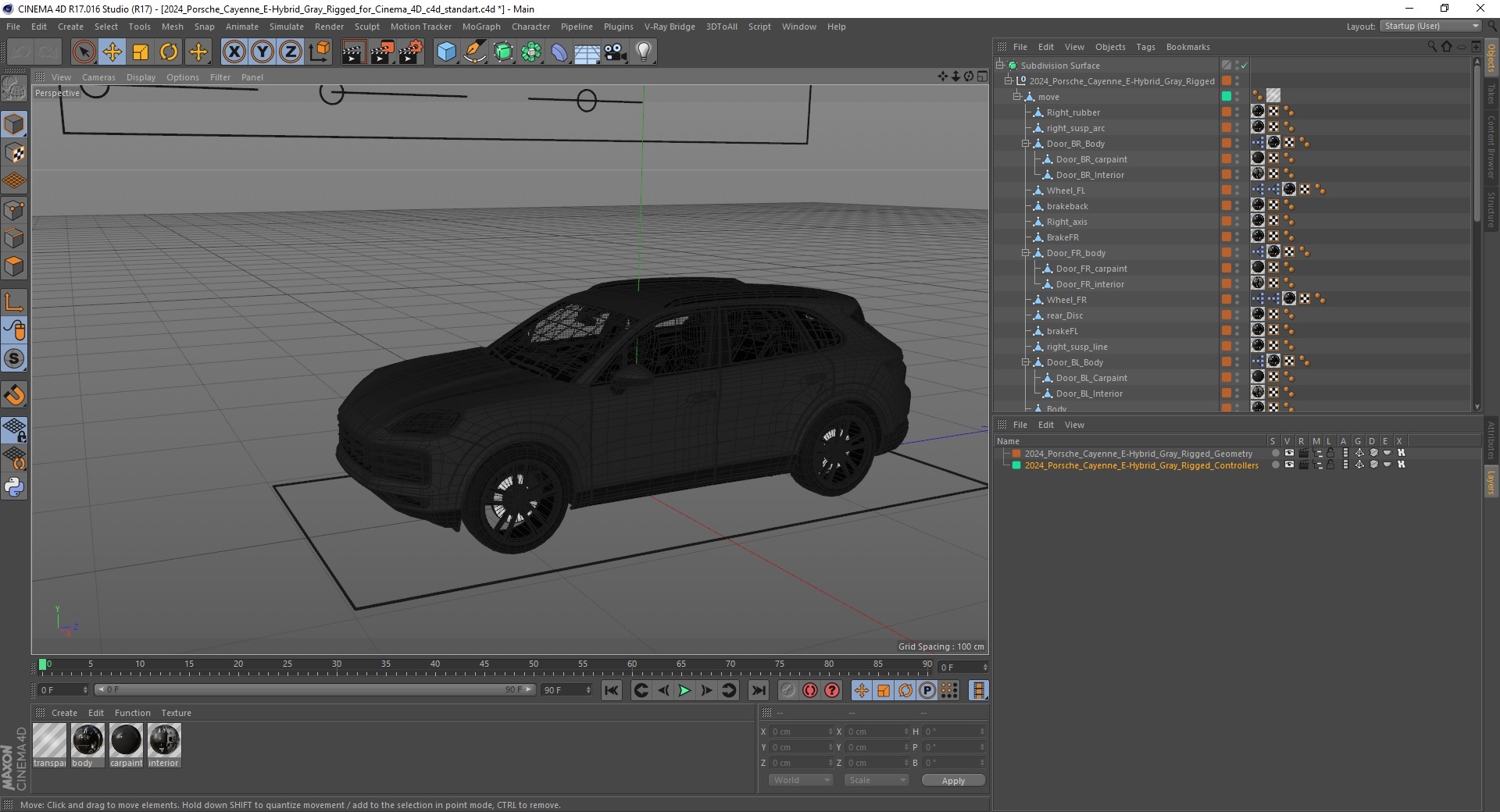 3D model 2024 Porsche Cayenne E-Hybrid Gray Rigged for Cinema 4D