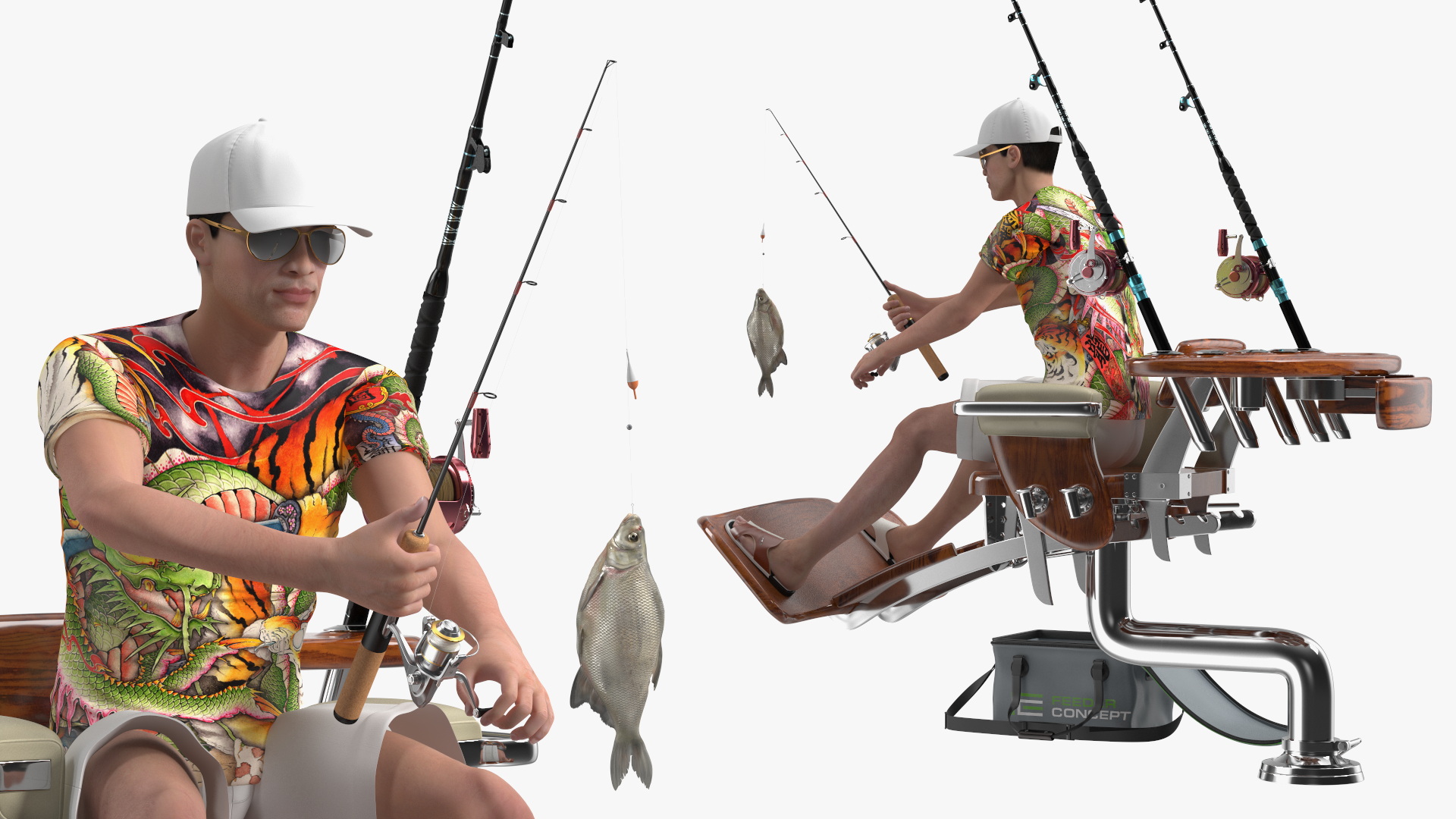 3D Man in Fishing Chair Catches Fish model
