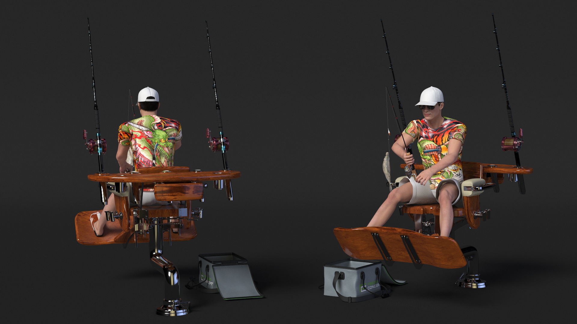 3D Man in Fishing Chair Catches Fish model