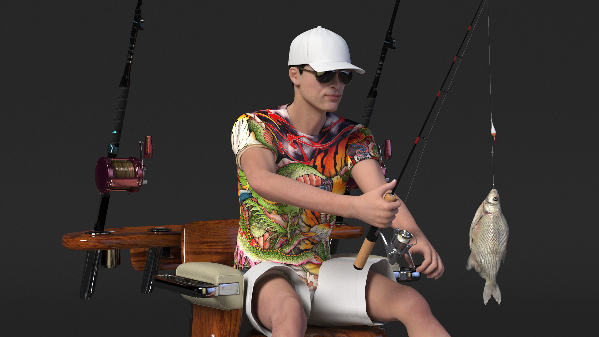 3D Man in Fishing Chair Catches Fish model