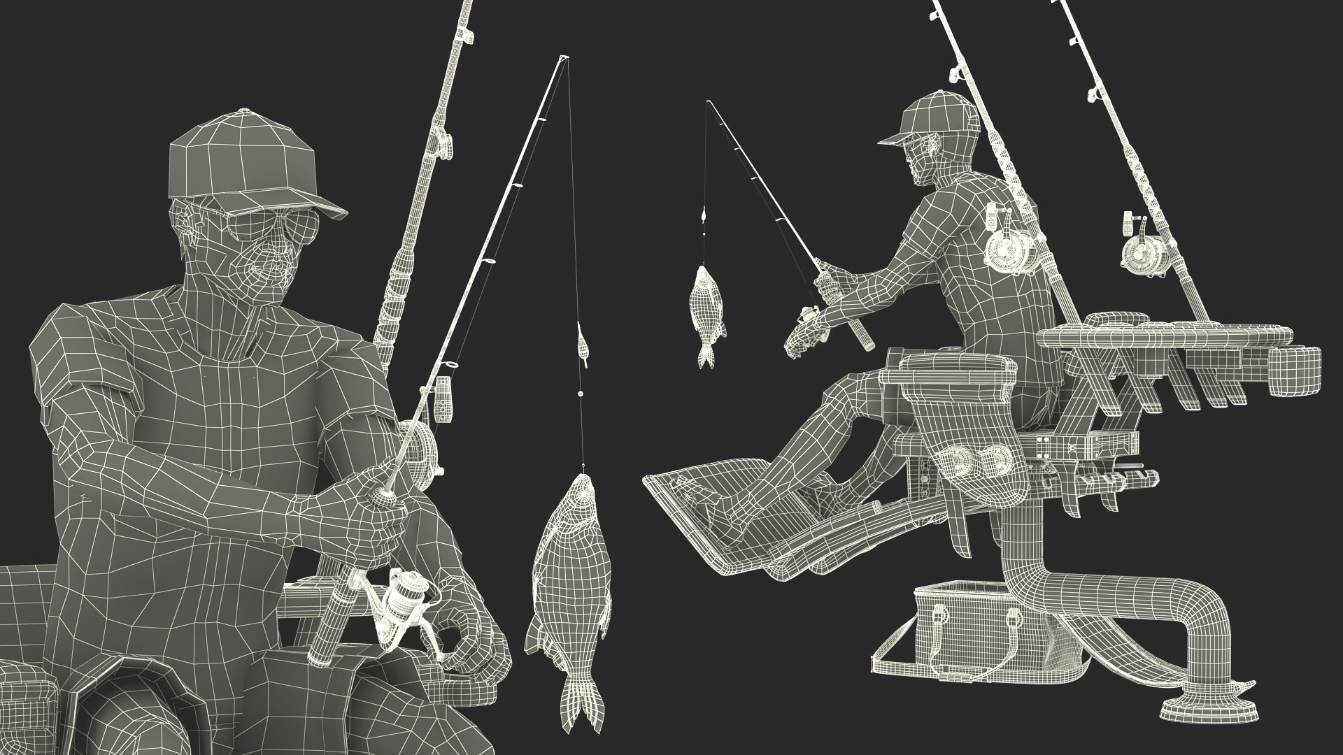 3D Man in Fishing Chair Catches Fish model
