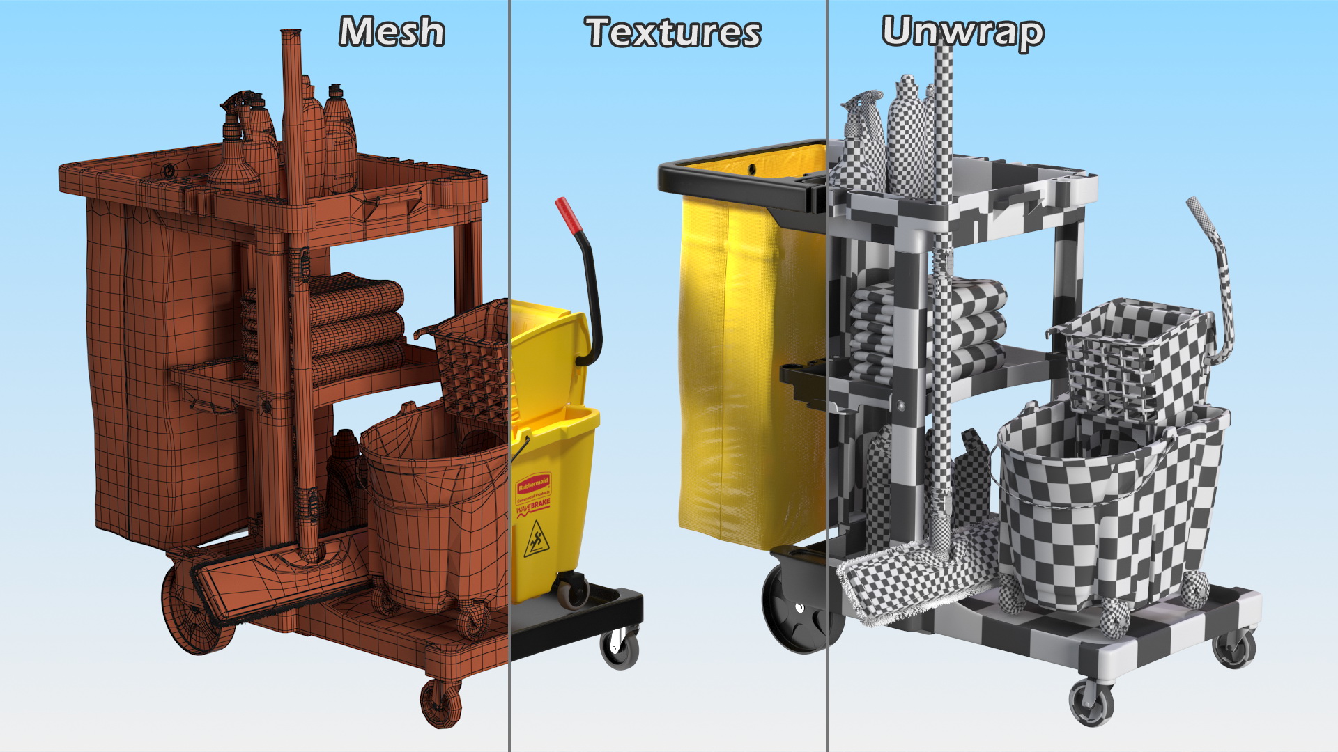 3D Cleaning Cart With Mop and Cleaning Products Fur model