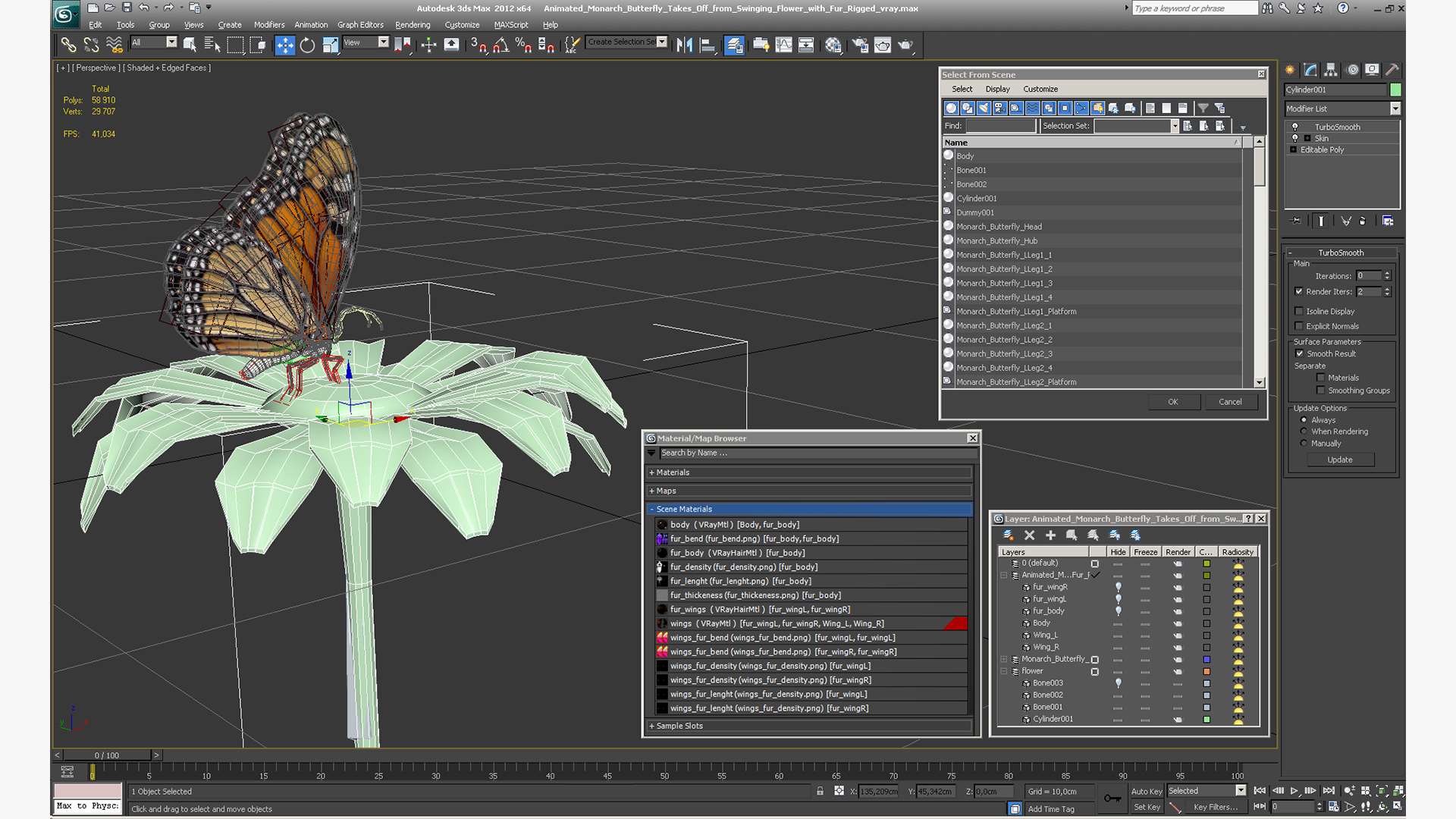 Animated Monarch Butterfly Takes Off from Flower with Fur Rigged 3D model