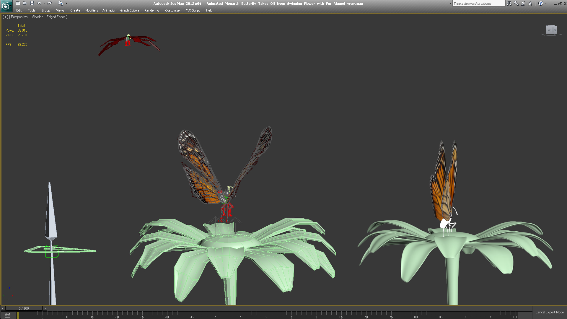 Animated Monarch Butterfly Takes Off from Flower with Fur Rigged 3D model