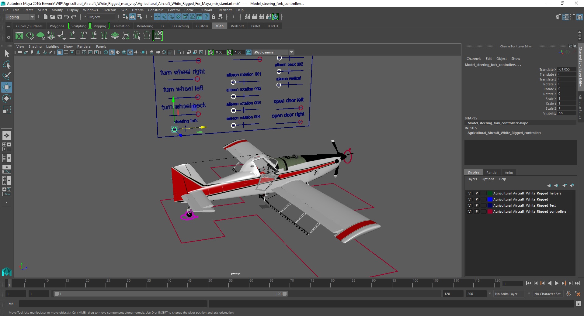 3D Agricultural Aircraft White Rigged for Maya model