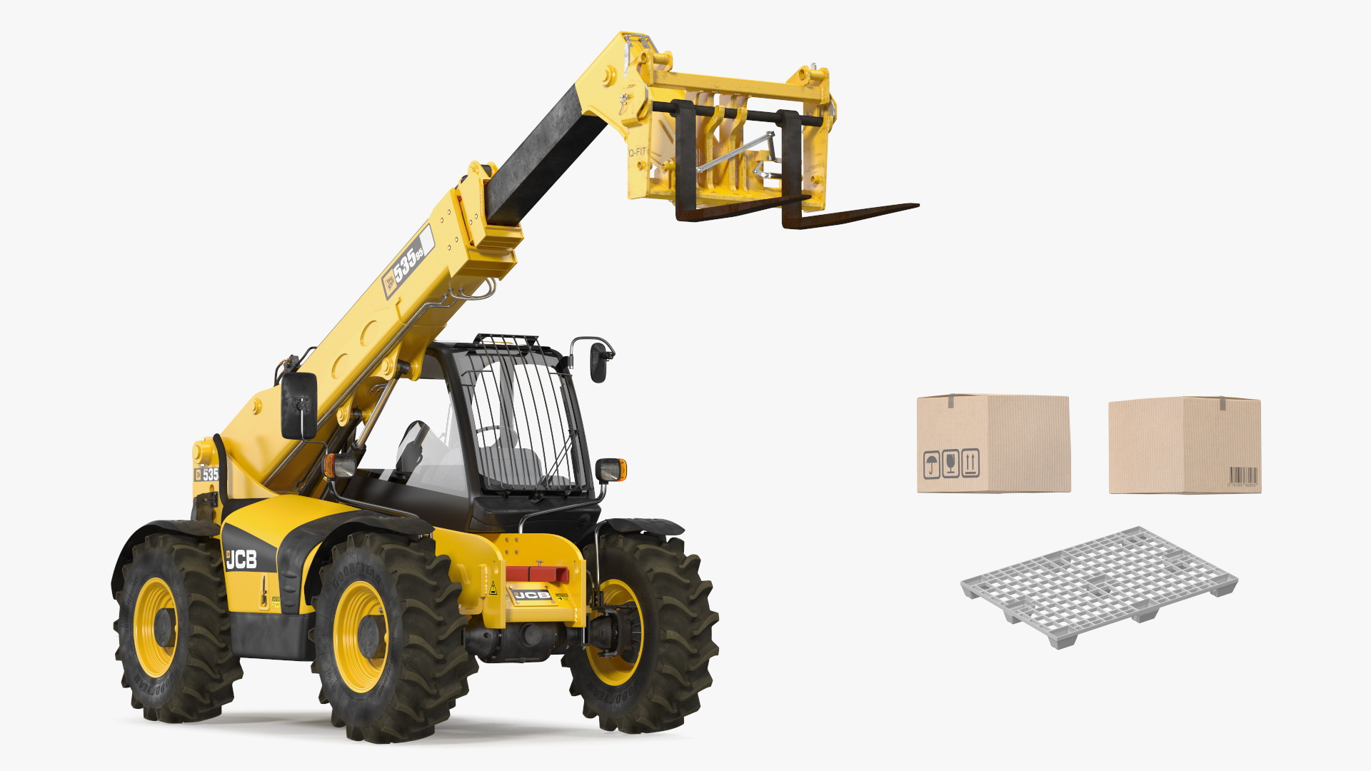 Forklift Truck JCB 535 with Pallet and Boxes 3D model