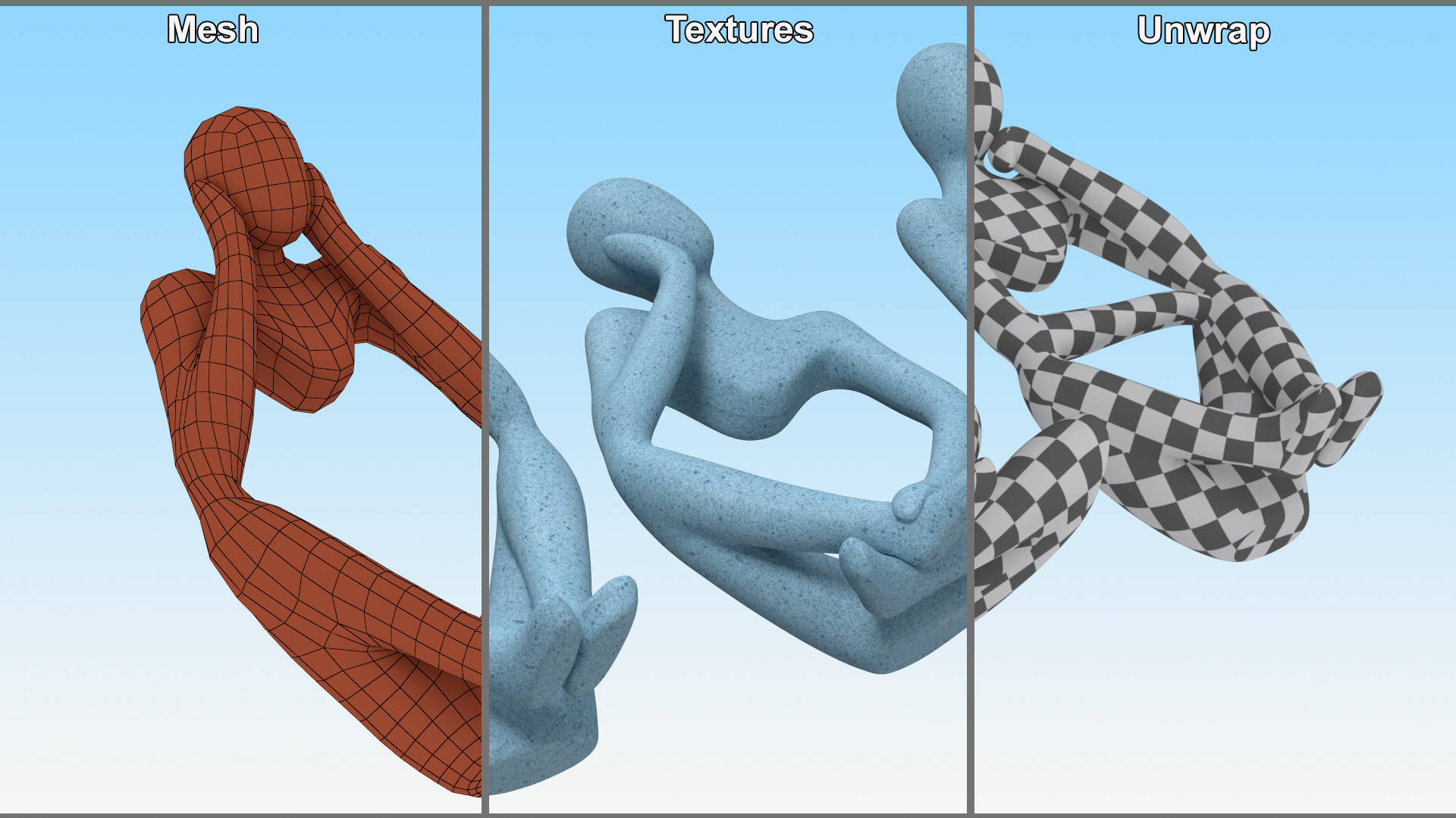 3D Abstract Thinking Figures Trio Blue Stone