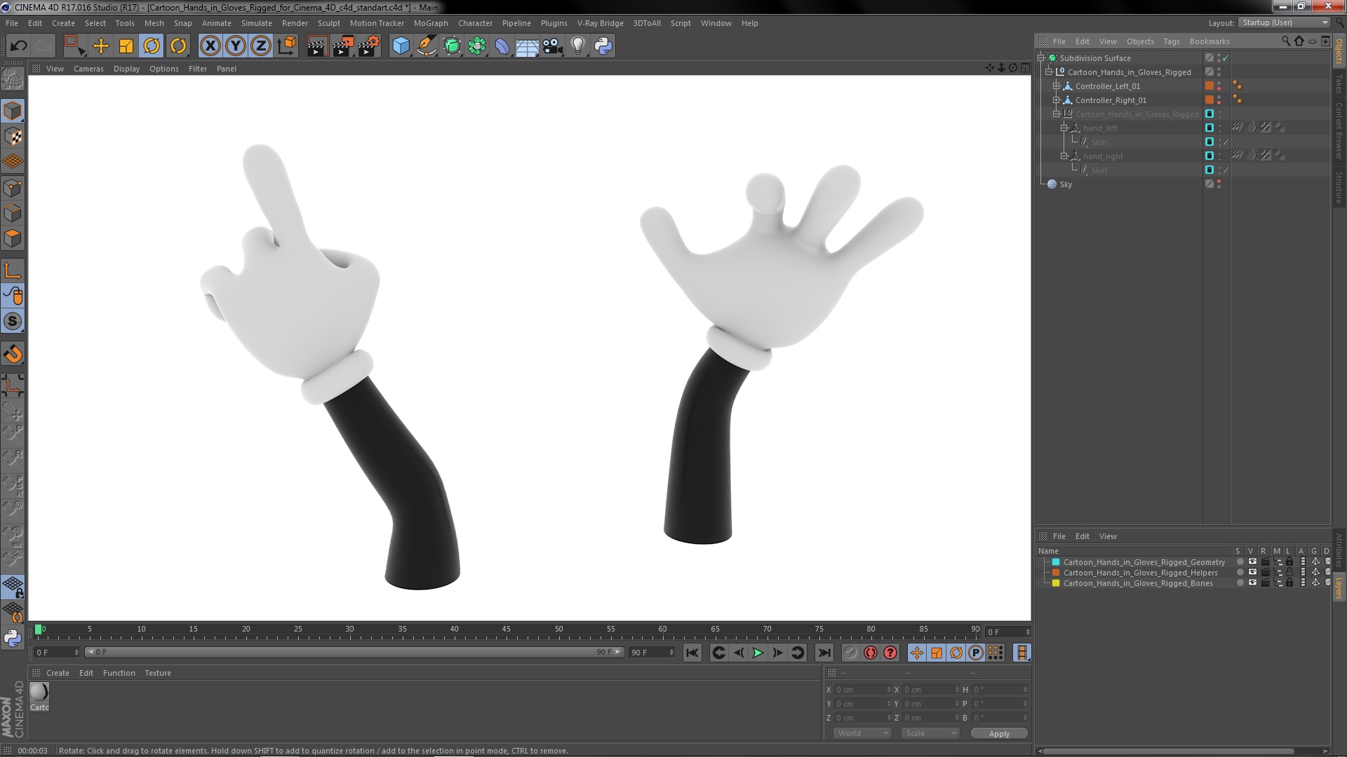 Cartoon Hands in Gloves Rigged for Cinema 4D 3D model
