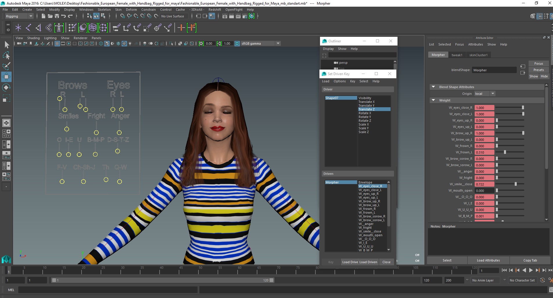 3D Fashionable European Female with Handbag Rigged for Maya