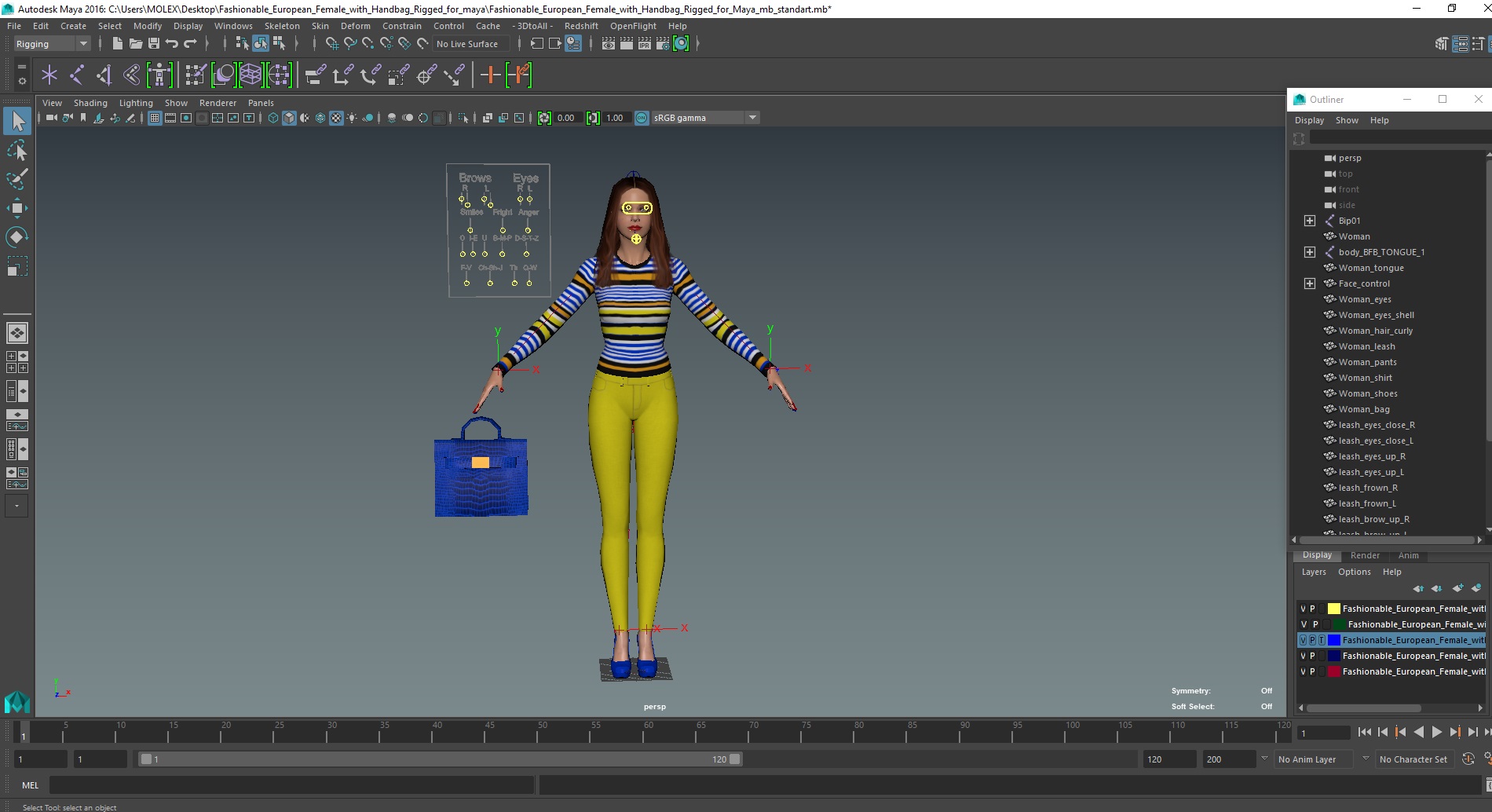 3D Fashionable European Female with Handbag Rigged for Maya