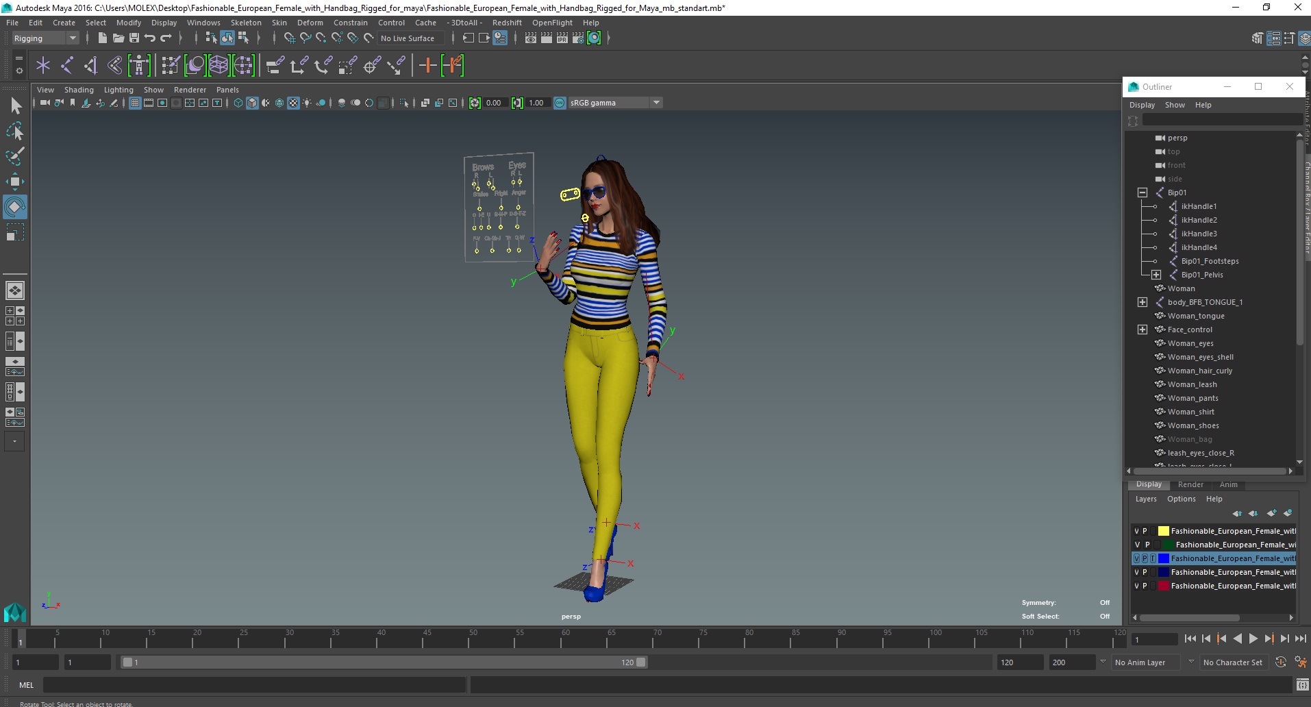 3D Fashionable European Female with Handbag Rigged for Maya