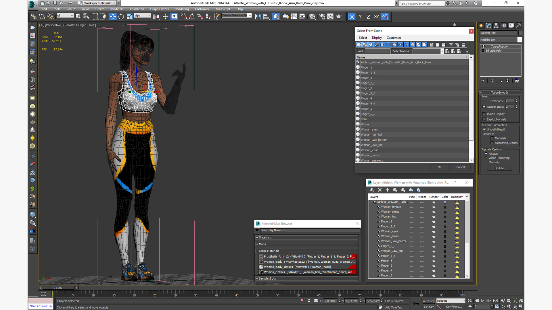 3D Athletic Woman with Futuristic Bionic Arm Rock Pose