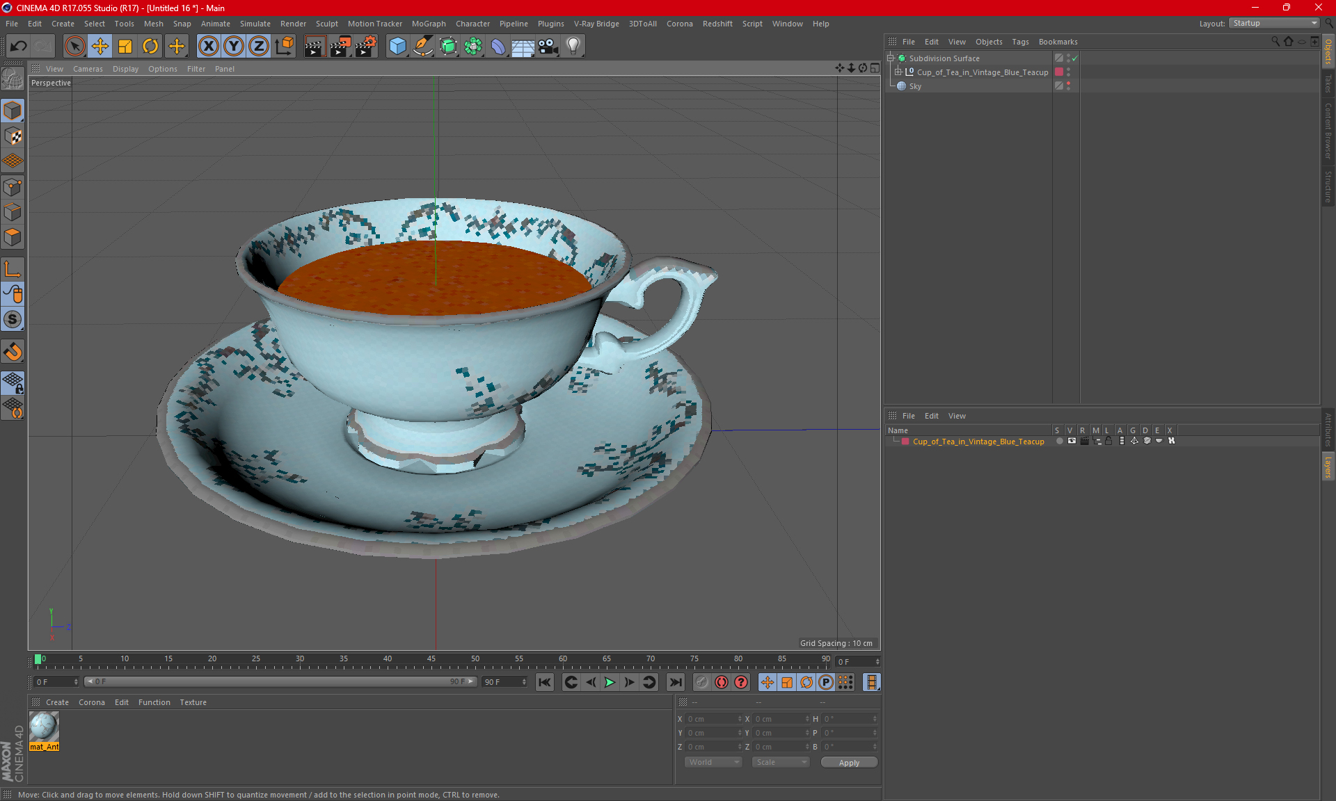 3D Cup of Tea in Vintage Blue Teacup model