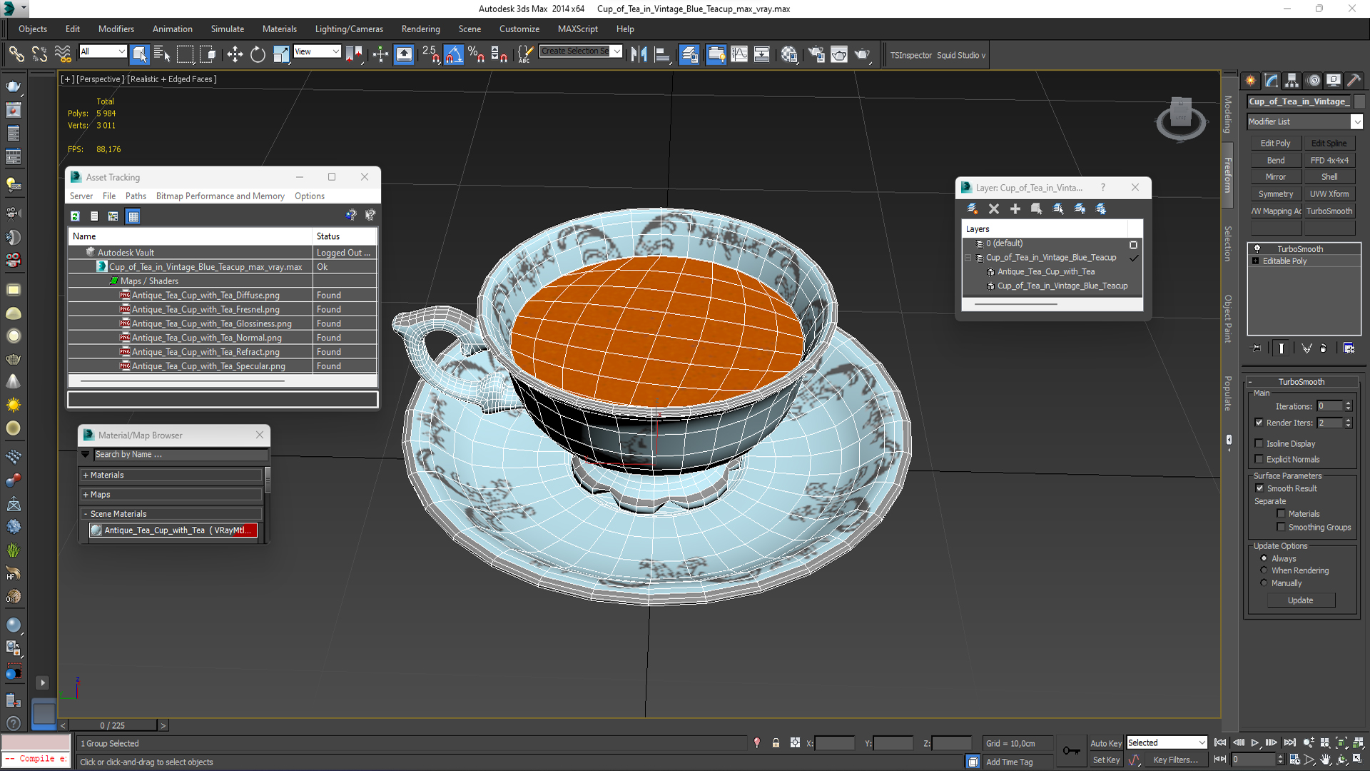 3D Cup of Tea in Vintage Blue Teacup model