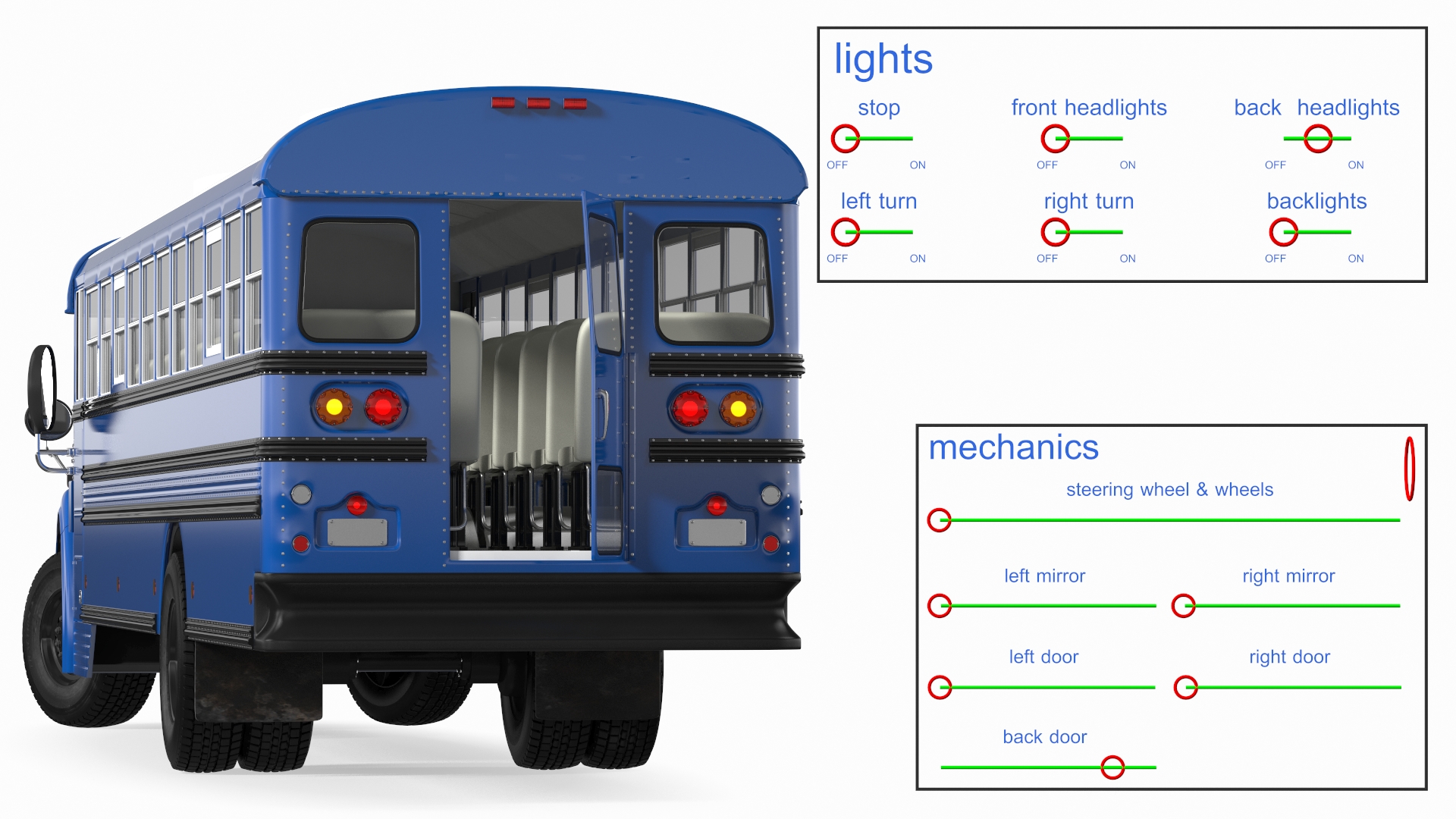 3D Blue Bird Commercial Bus Rigged