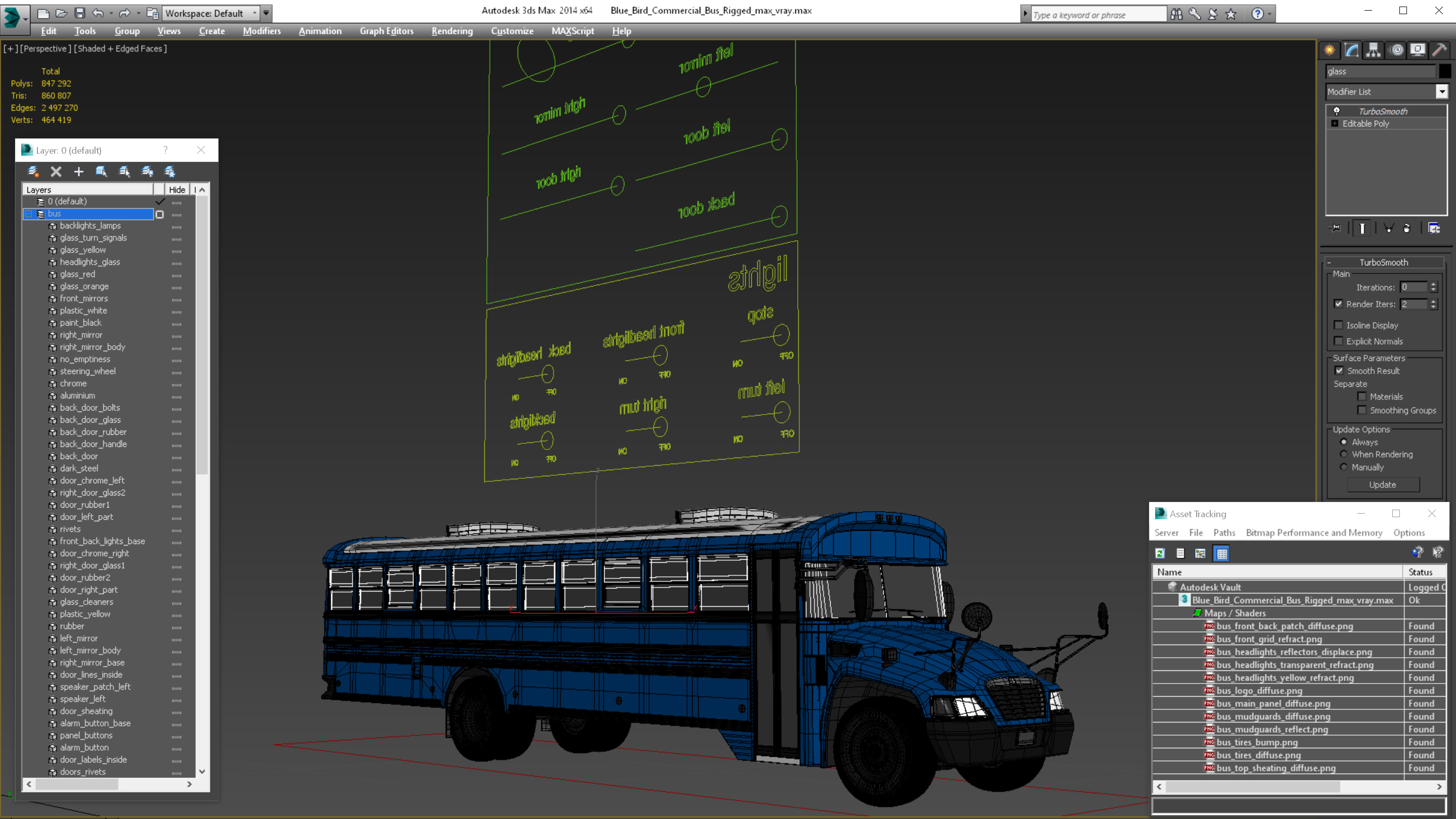 3D Blue Bird Commercial Bus Rigged