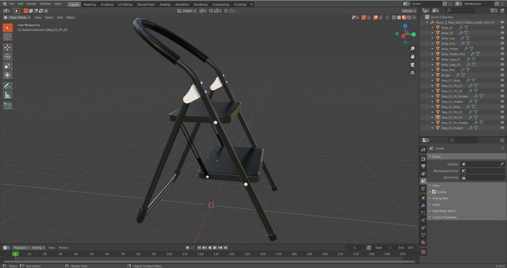3D model Black 2 Step Steel Folding Ladder with Anti Slip Pedals