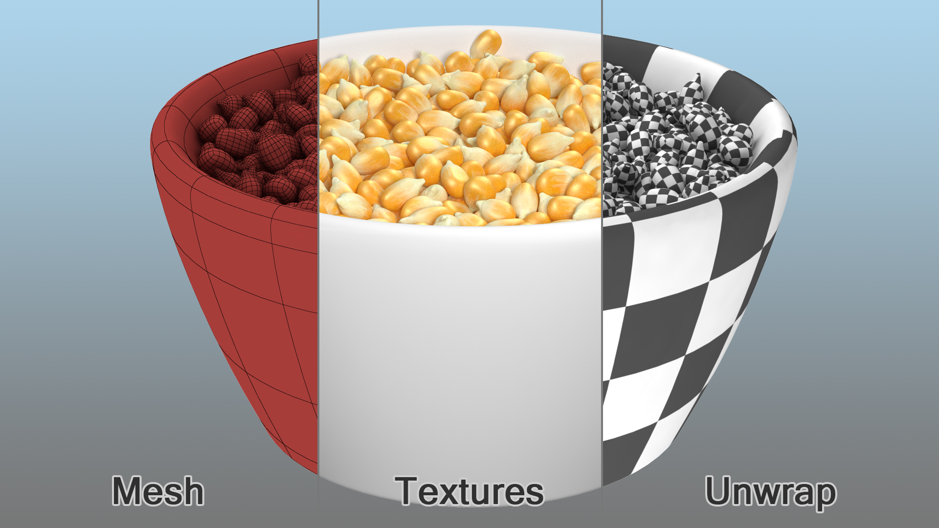 3D Corn Seeds in Ceramic Bowl