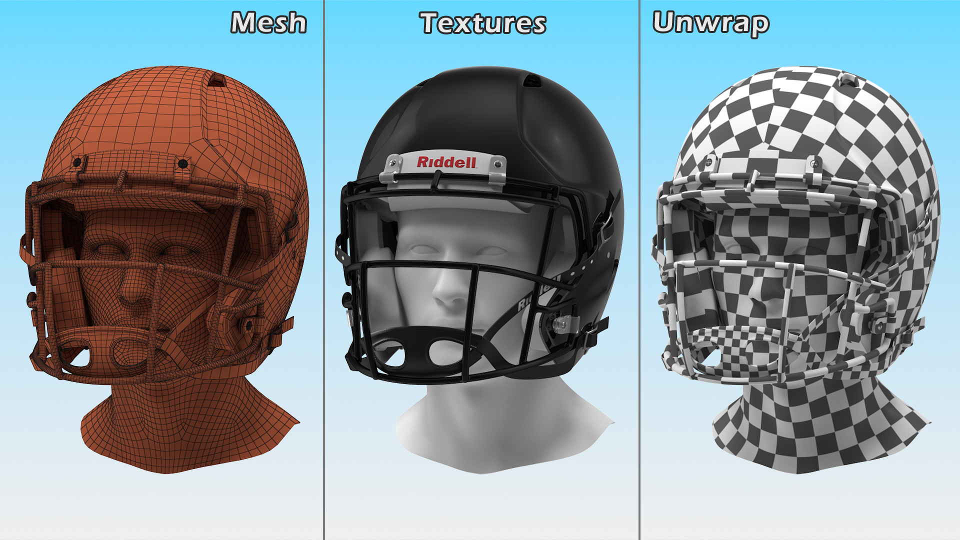Helmet 3 Riddell On Mannequin Head 3D model