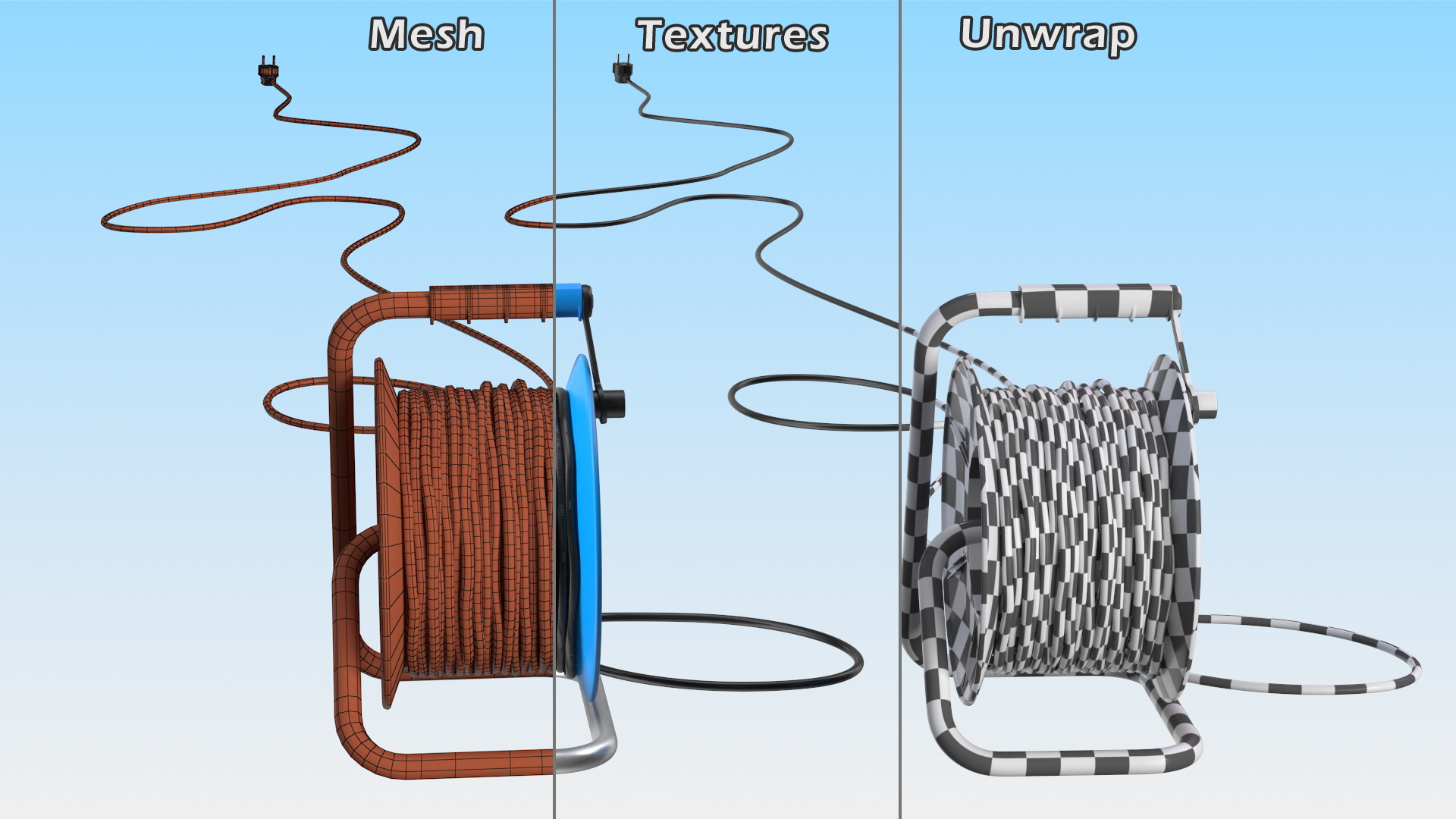 Unfolded Power Cable Reel with CEE 7 Outlets 3D model