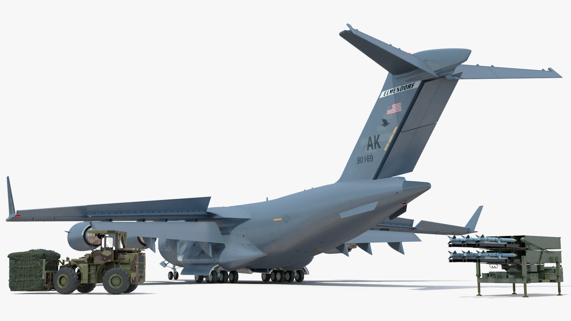 3D Forklift Loads Cargo to the Boeing C17 Globemaster III Rigged
