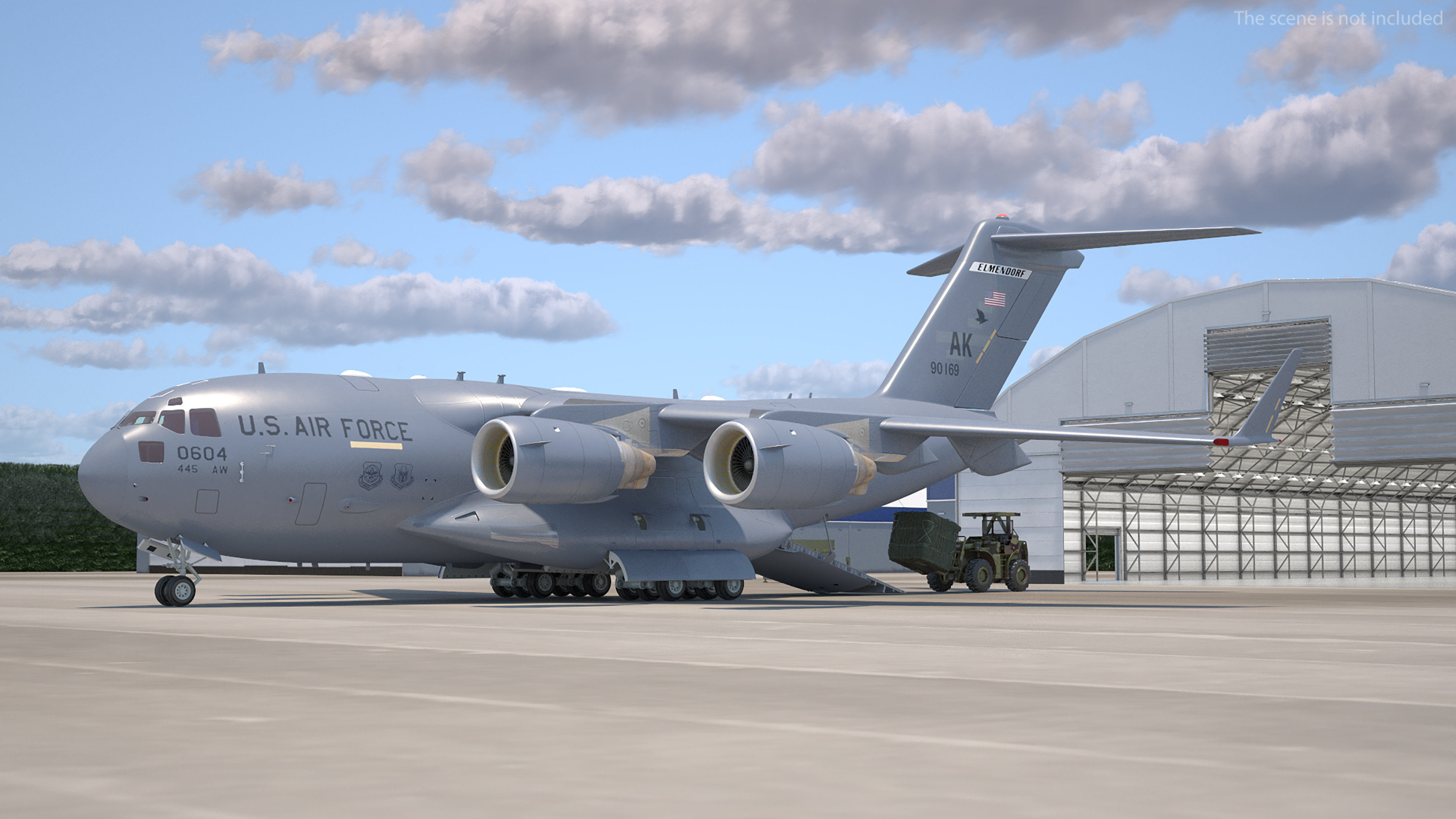 3D Forklift Loads Cargo to the Boeing C17 Globemaster III Rigged