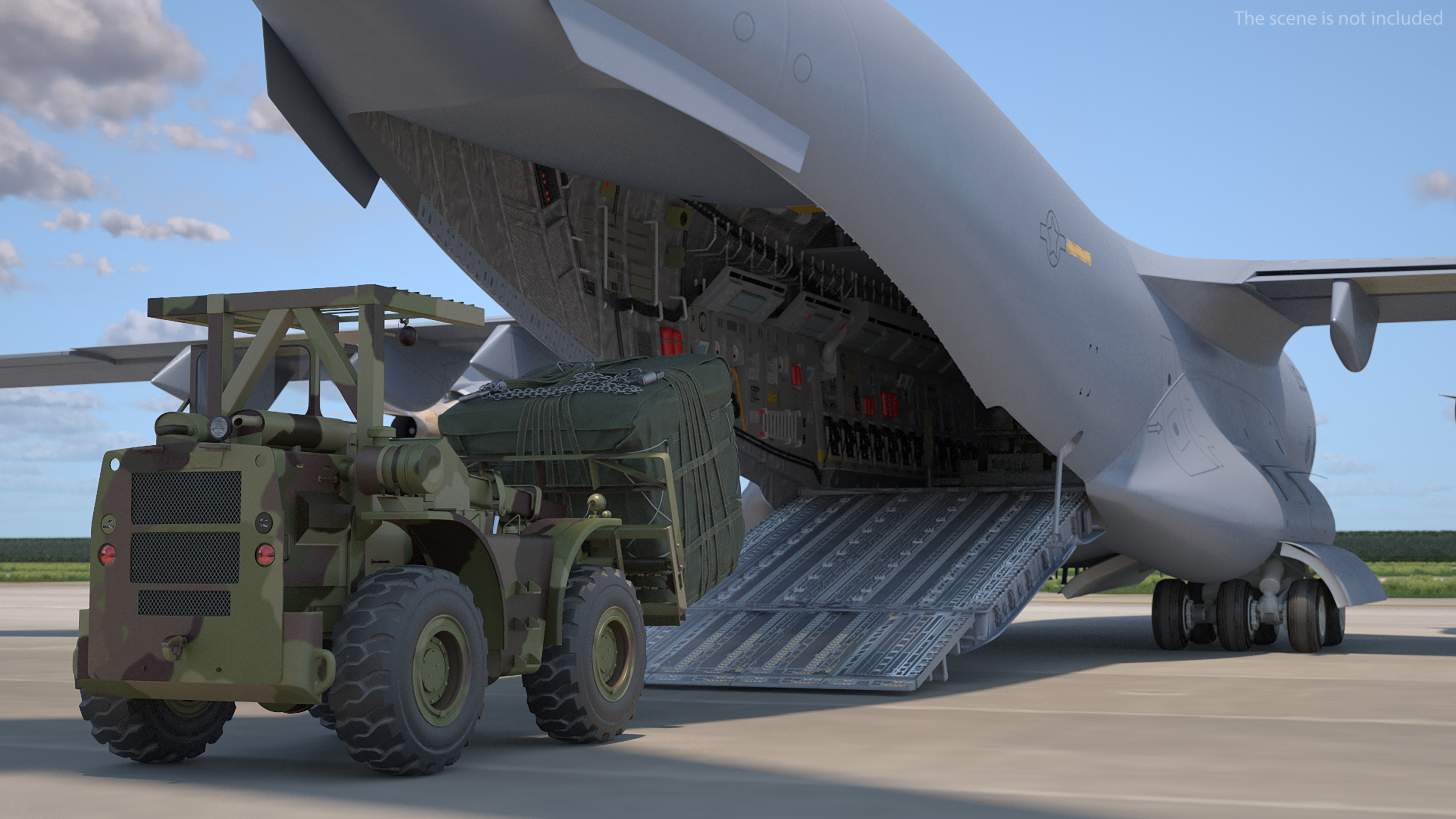 3D Forklift Loads Cargo to the Boeing C17 Globemaster III Rigged
