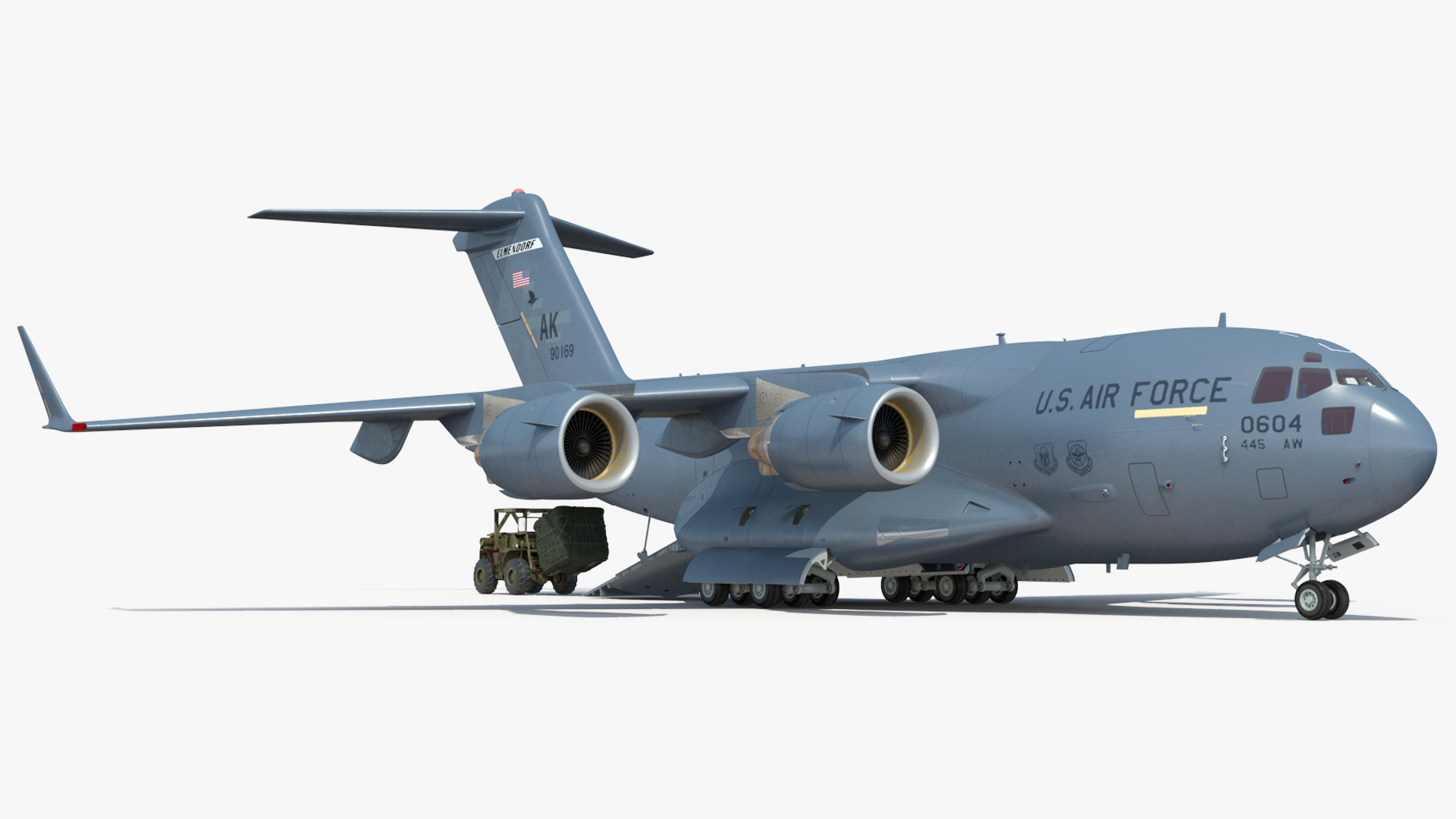 3D Forklift Loads Cargo to the Boeing C17 Globemaster III Rigged