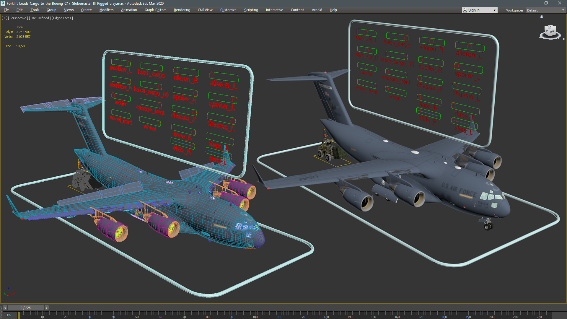 3D Forklift Loads Cargo to the Boeing C17 Globemaster III Rigged