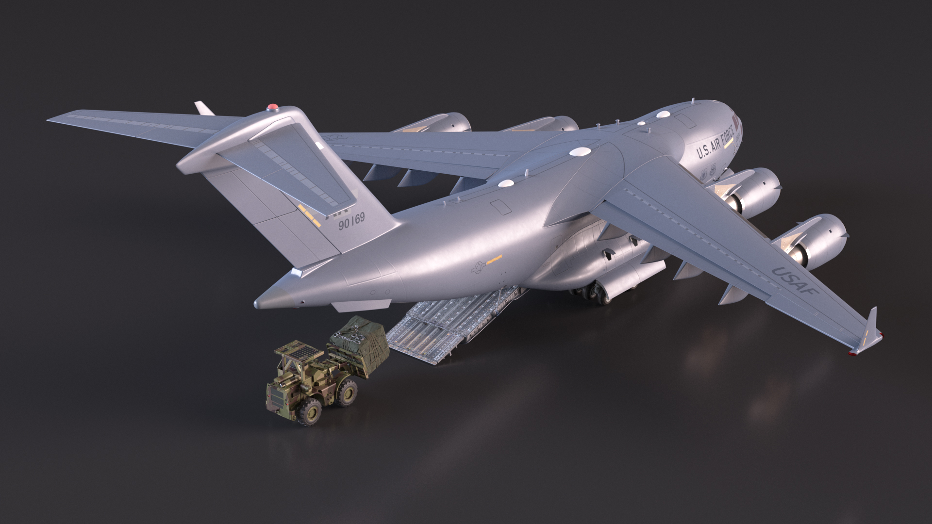 3D Forklift Loads Cargo to the Boeing C17 Globemaster III Rigged