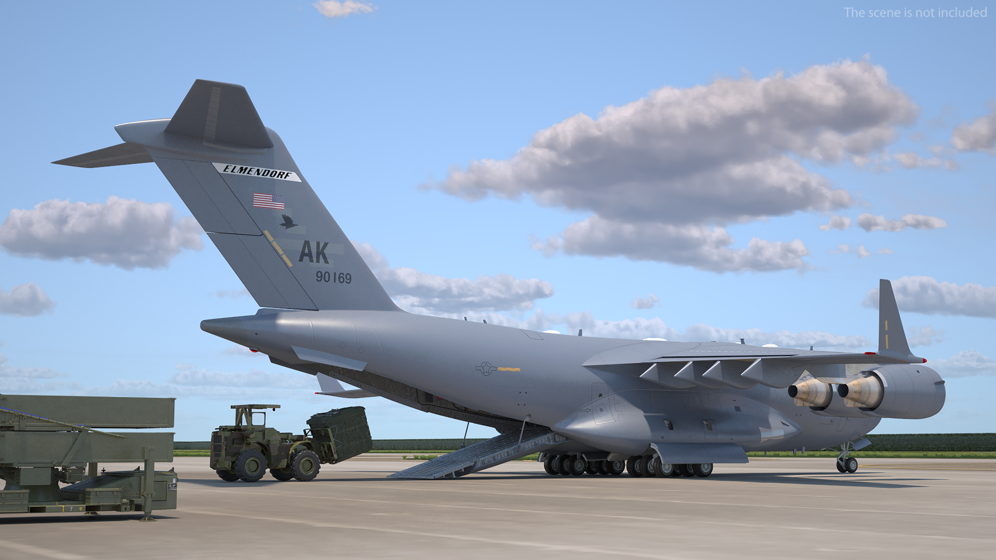3D Forklift Loads Cargo to the Boeing C17 Globemaster III Rigged