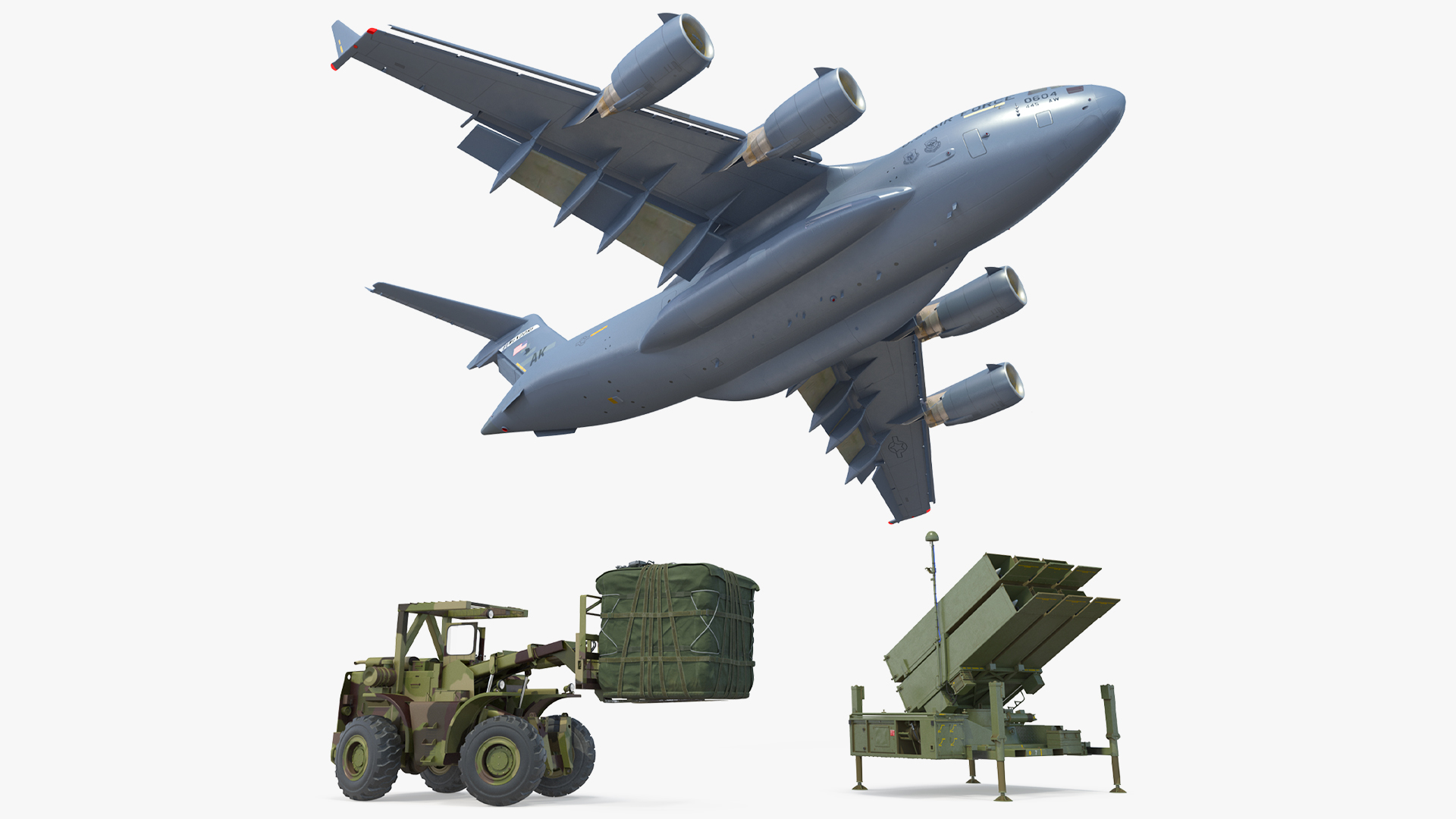3D Forklift Loads Cargo to the Boeing C17 Globemaster III Rigged