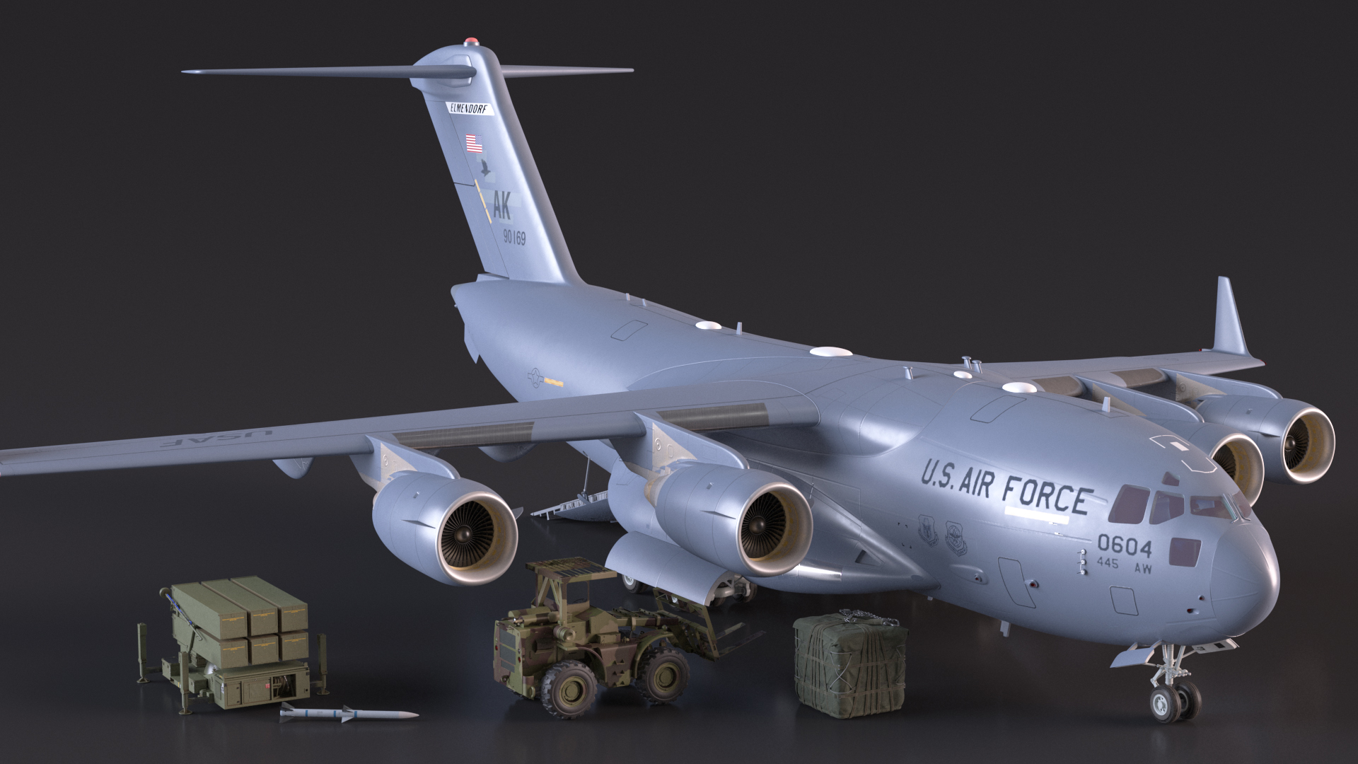 3D Forklift Loads Cargo to the Boeing C17 Globemaster III Rigged