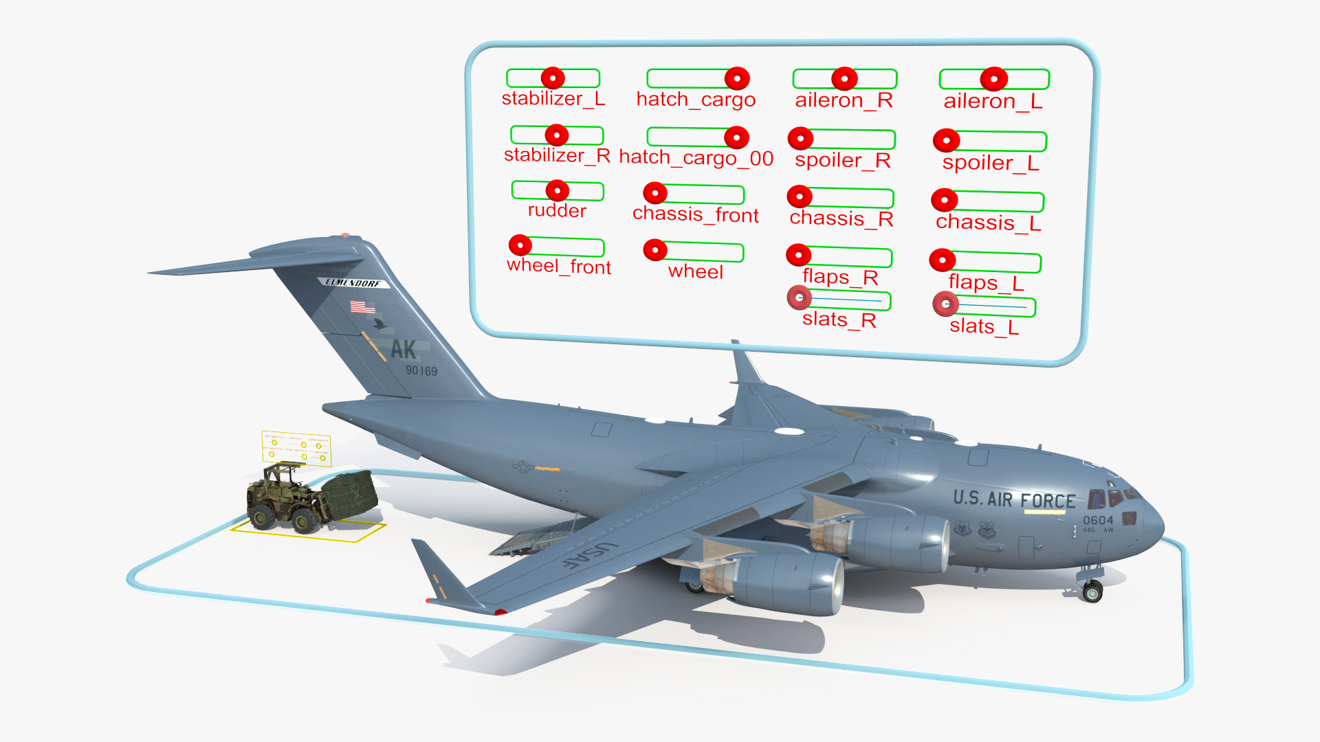 3D Forklift Loads Cargo to the Boeing C17 Globemaster III Rigged