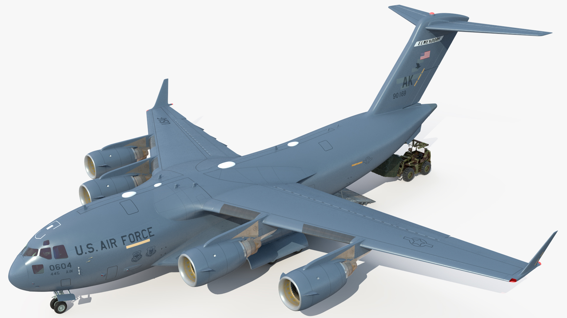 3D Forklift Loads Cargo to the Boeing C17 Globemaster III Rigged