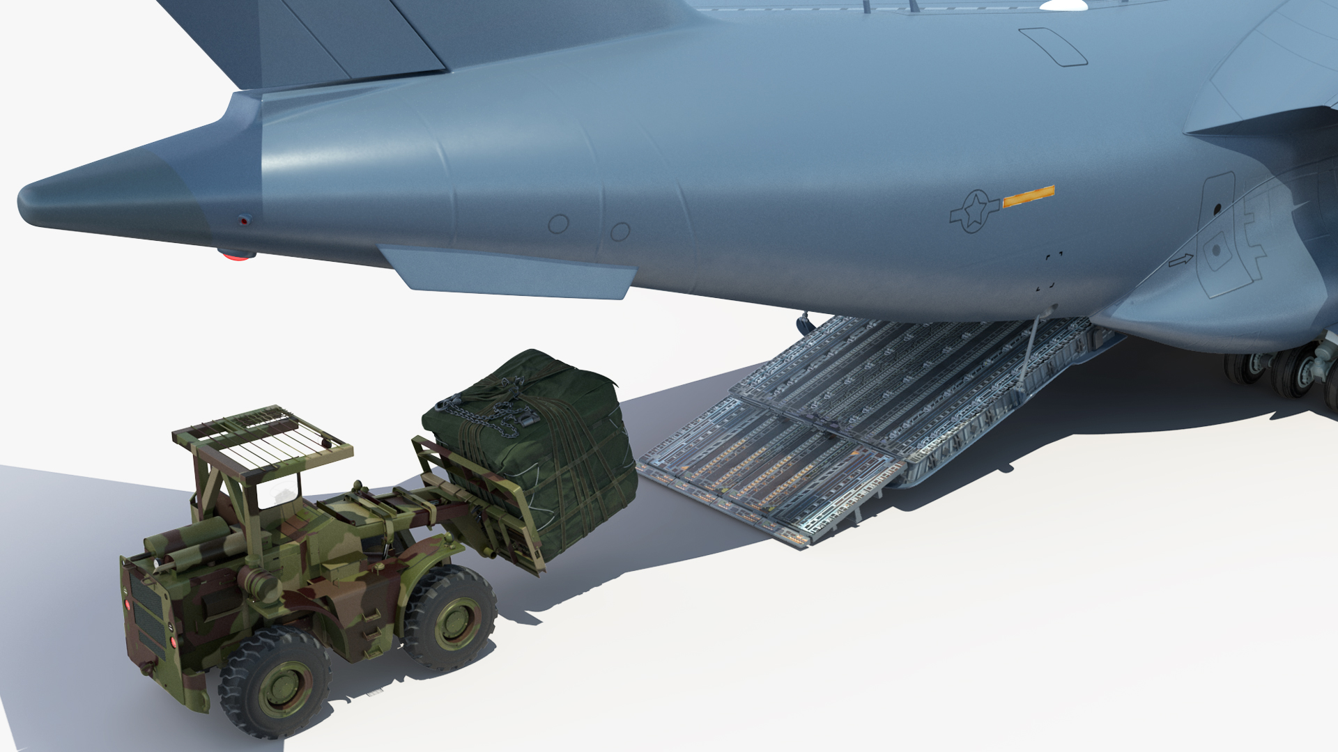 3D Forklift Loads Cargo to the Boeing C17 Globemaster III Rigged