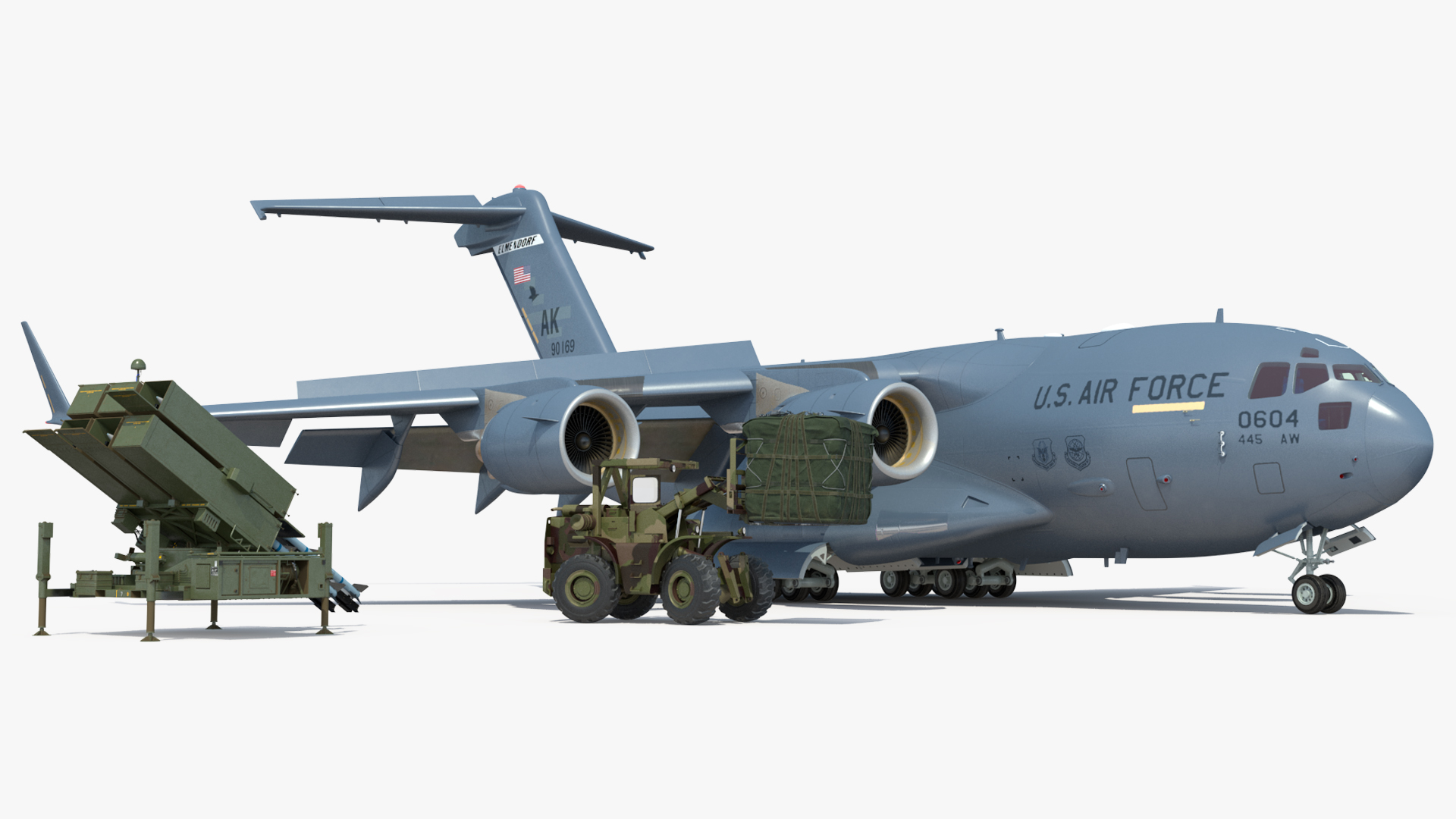 3D Forklift Loads Cargo to the Boeing C17 Globemaster III Rigged