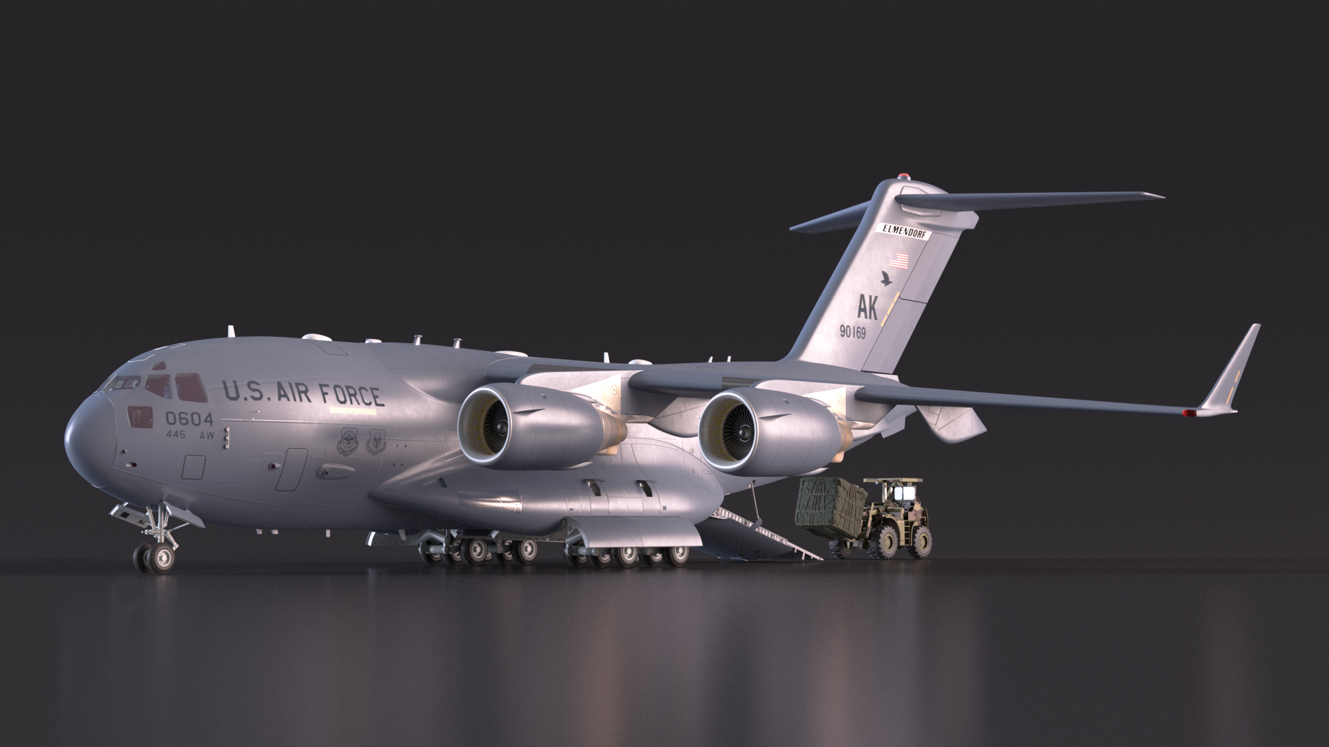 3D Forklift Loads Cargo to the Boeing C17 Globemaster III Rigged